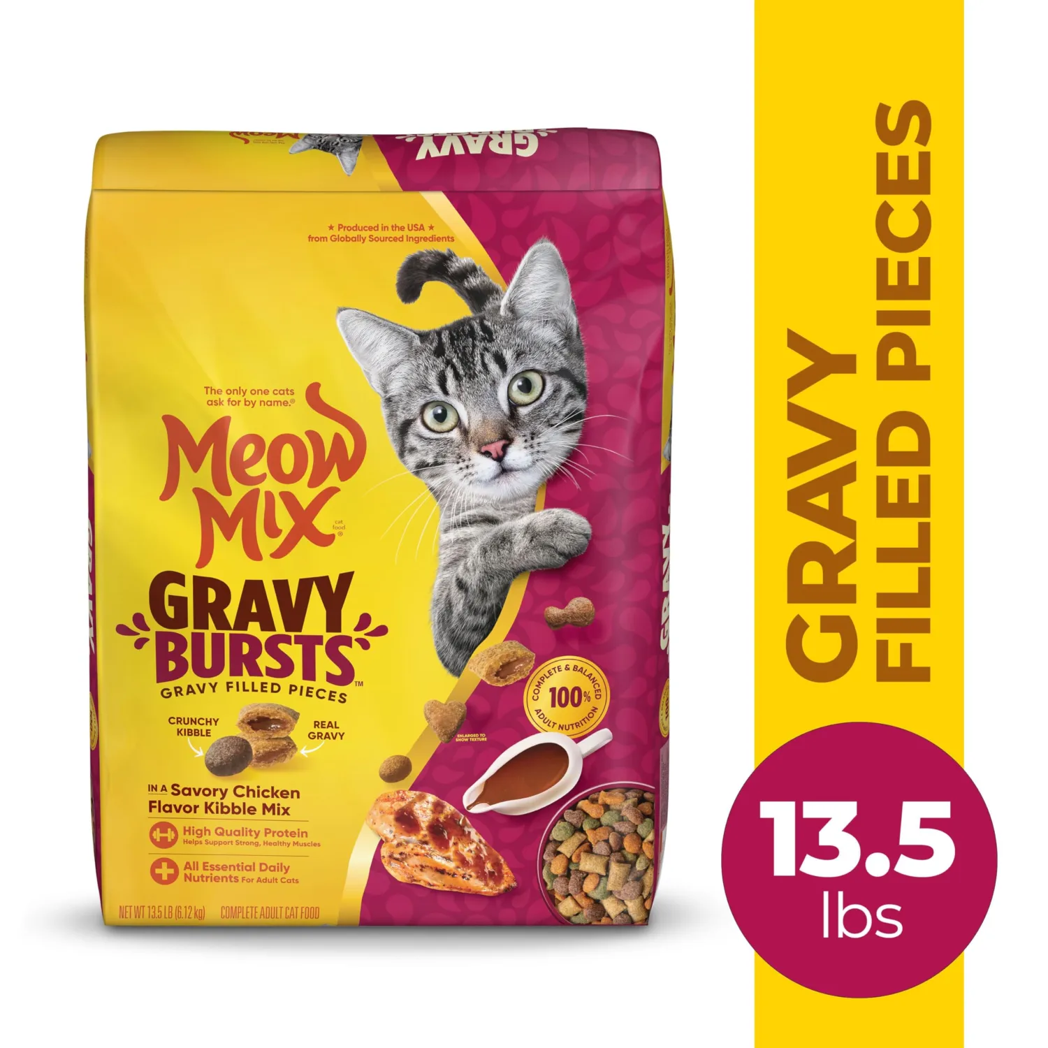 Meow Mix Gravy Bursts Savory Chicken Flavor Mix with Gravy Filled Pieces, Dry Cat Food, 13.5 Pound Bag