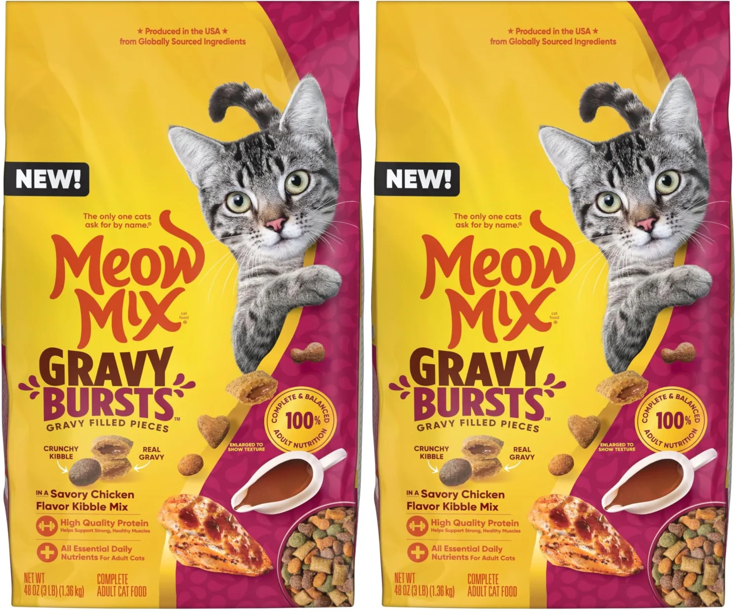 Meow Mix Gravy Bursts Dry Cat Food, Chicken, 3 LB Bag (Pack of 2)