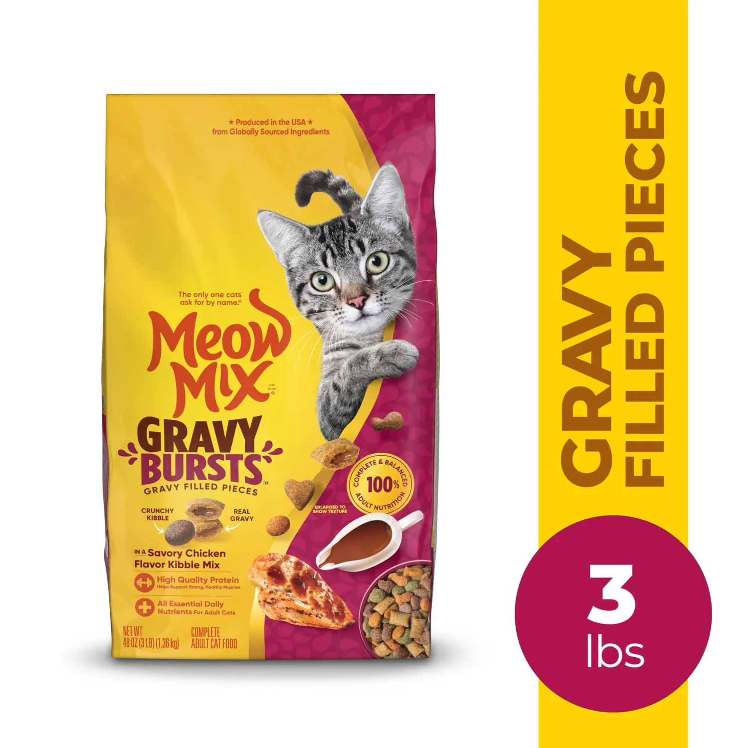 Meow Mix Gravy Bursts Dry Cat Food, Chicken, 3 LB Bag (Pack of 2)