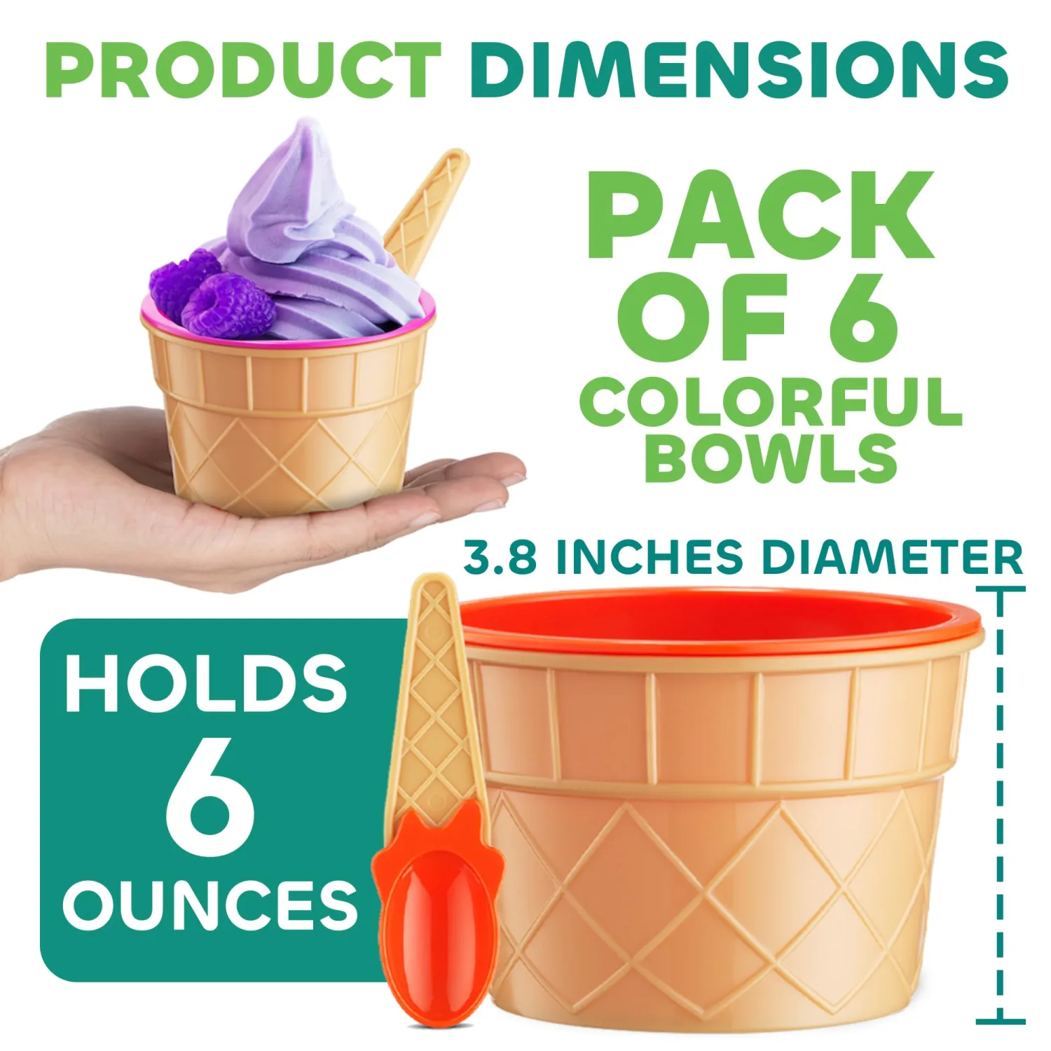 JoyServe Ice Cream Bowls and Spoons Set - (Pack of 6) Reusable Plastic Ice Cream Cups and Waffle Cone Shaped Spoons for Dessert, Frozen Yogurt, Gelato, Birthday Party Decorations