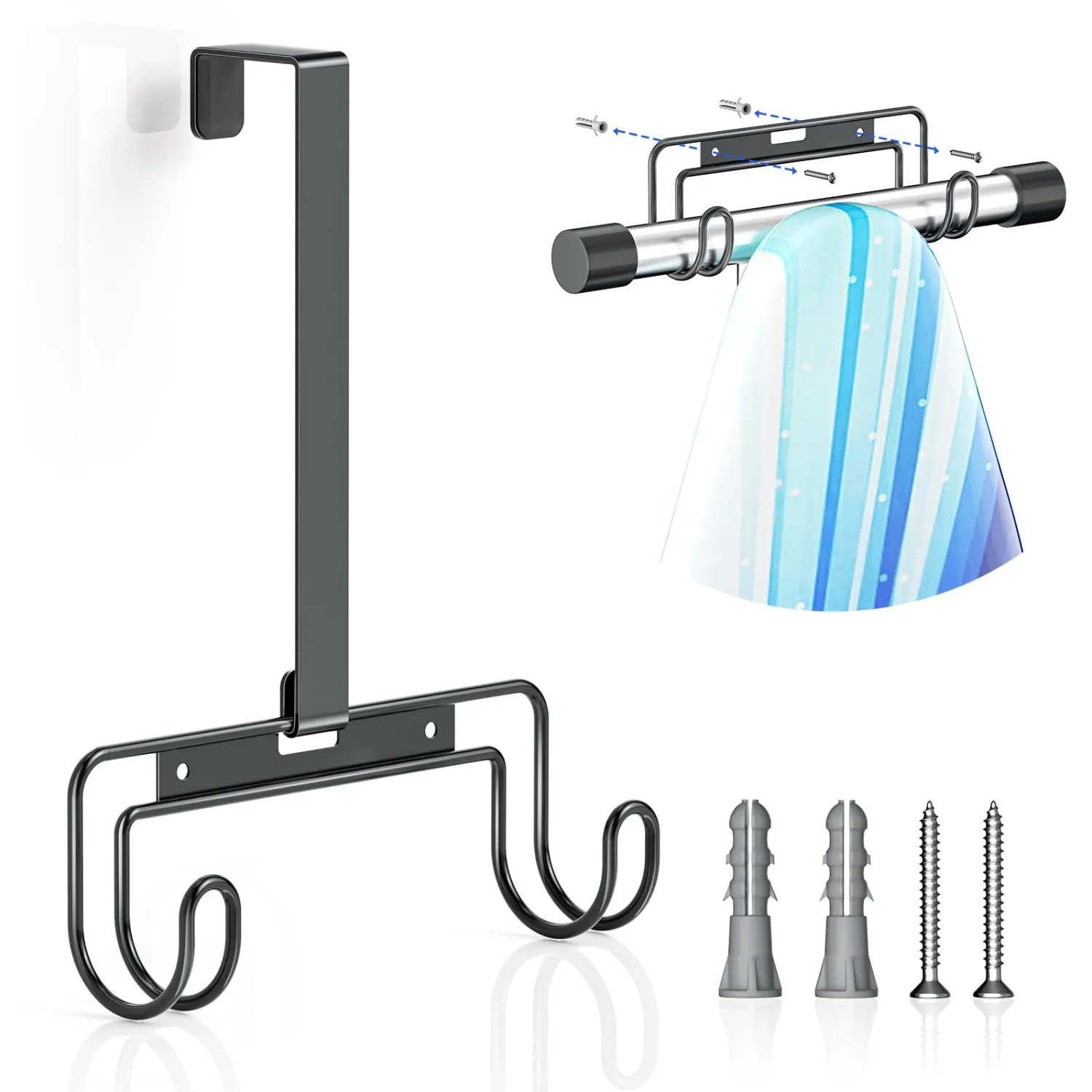 Over The Door & Wall Mount Ironing Board Hanger with Removable Hook, Metal Ironing Board Holder Organizer Wall Rack for Y & T Shaped (Black)