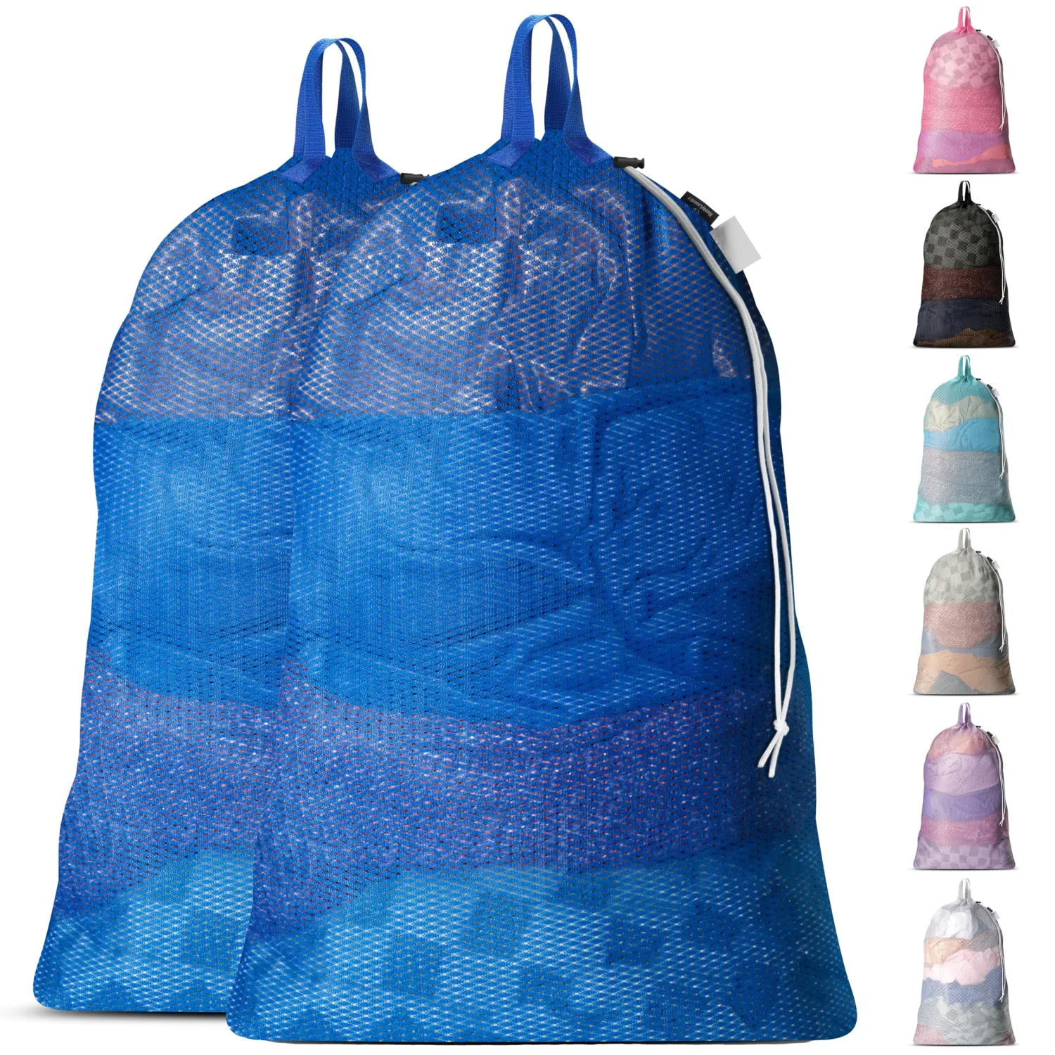 Large Mesh Laundry Bags - 2-Pack Heavy Duty with Handles & Drawstring - Machine Washable Net Laundry Sacks for College Dorm, Camp, Travel, Bedding & Clothes Storage (Blue)