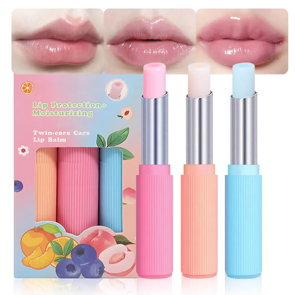 BINGBRUSH 3Pcs-Double Core Lipstick,Ultra Moisturizing Nourishing Lip Care Balm with Fruit Fragrance, Long-Lasting Hydration to Repair Dry Waterproof Moisturizer Lipstick Set (Orange+Peach+Blue berry)