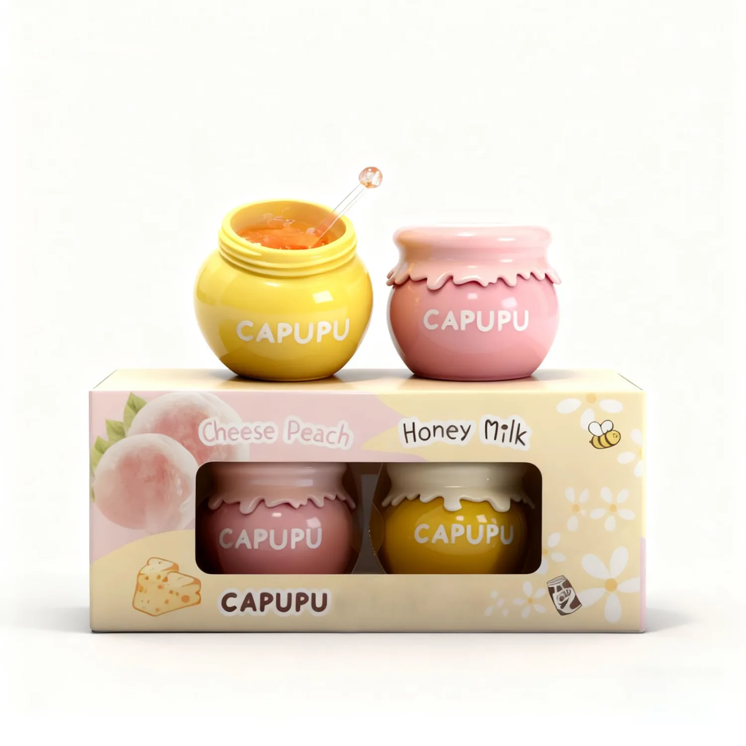 2 PCS Bee Lip Balm & Peach Balm Pot, Lip Sleeping Lip Mask Propolis Moisturizing Lip Balm with Stick, Hydrating Prevention Dry & Cracked, Reducing Lip Lines