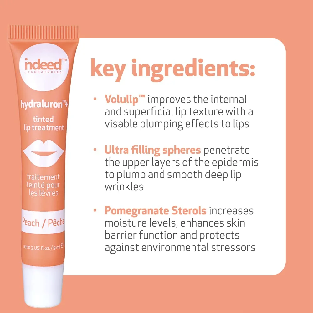 INDEED LABS Hydraluron + Tinted Lip Treatment, Hydrating Anti-Aging Lip Balm Treatment for Smooth Lips with Natural, Subtle Color, 9ml (Peach)