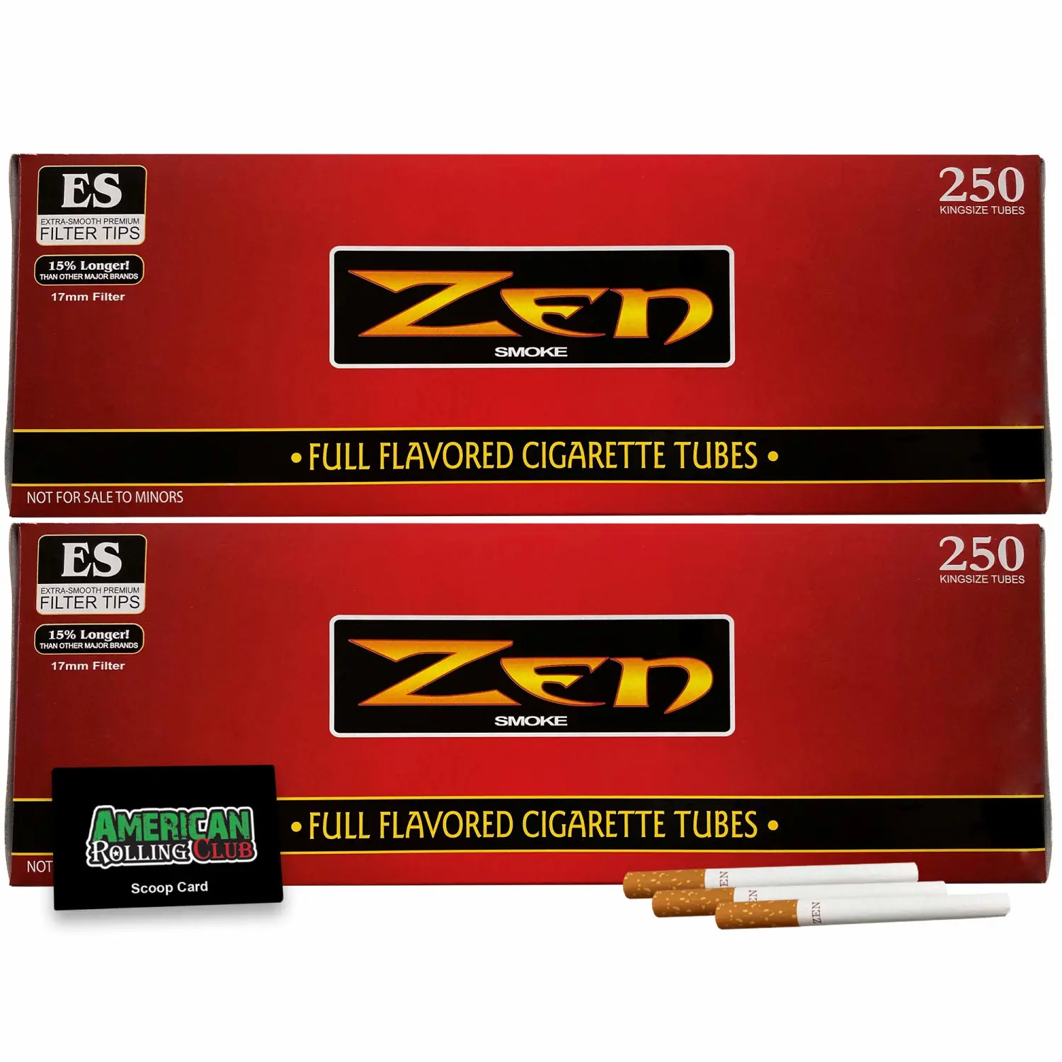 Zen Cigarette Tubes | Regular | King Size - Red Box | 2 Pack | 500 Tubes | Includes American Rolling Scoop Card