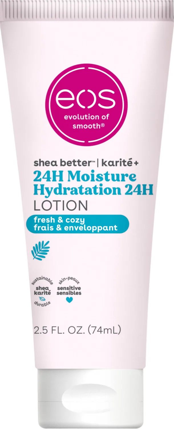 eos 24H Moisture Travel Body Lotion- Fresh & Cozy, Travel Size Essential, Toiletries, Mini Body Lotion, 2.5 fl oz