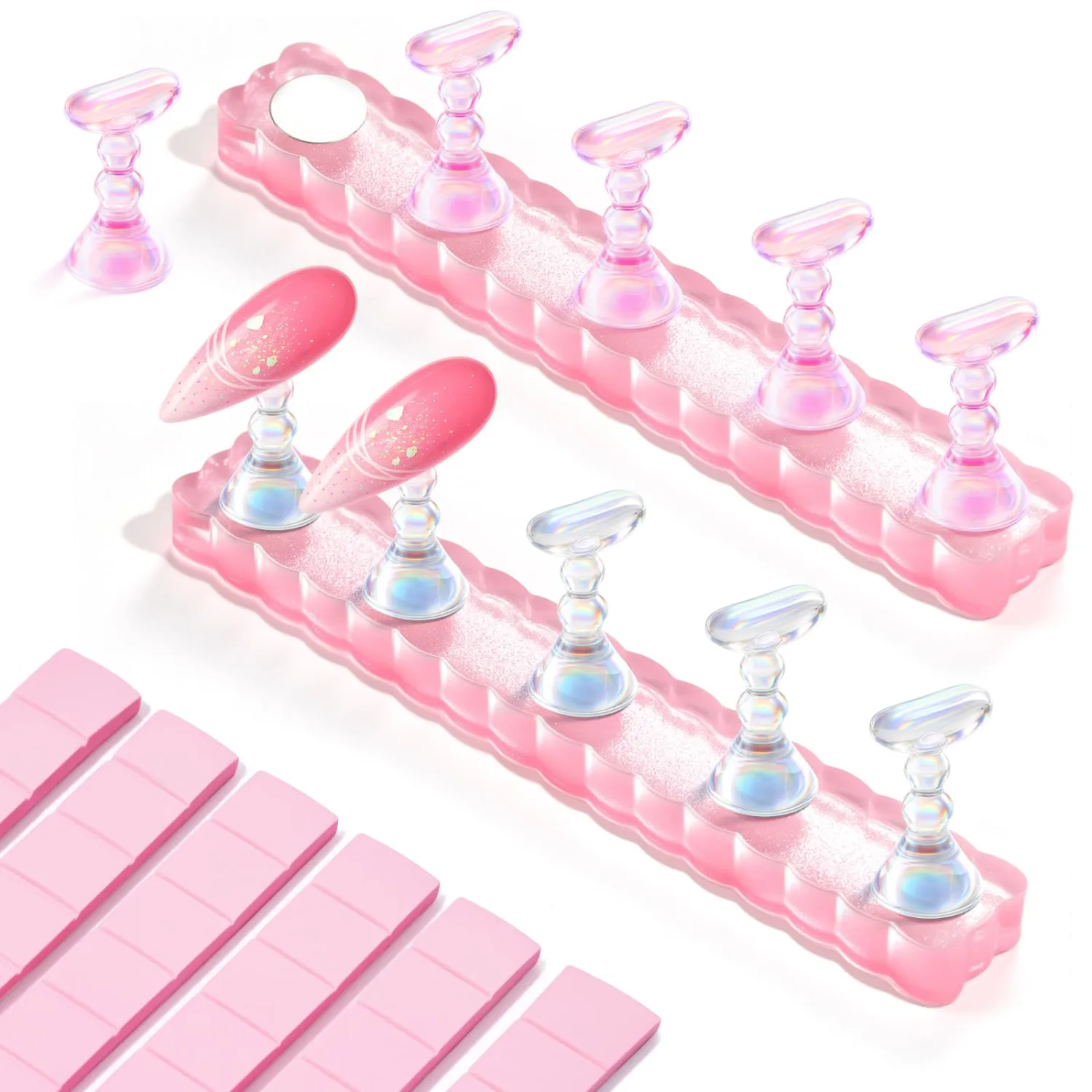 Makartt Nail Holder for Painting Nails: Press on Nails Stand for Art Display Practice, Pink Glitter Magnetic Fake Holders with Reusable Adhesive Putty Nail Art Tool for Home Salon DIY Use