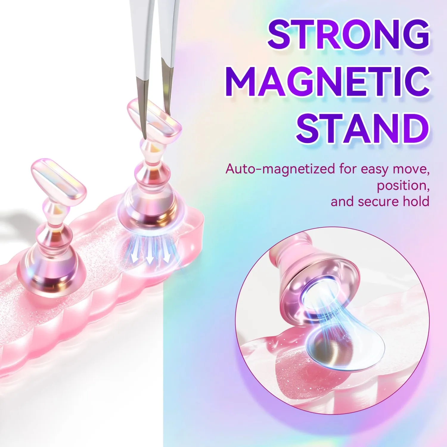 Makartt Nail Holder for Painting Nails: Press on Nails Stand for Art Display Practice, Pink Glitter Magnetic Fake Holders with Reusable Adhesive Putty Nail Art Tool for Home Salon DIY Use