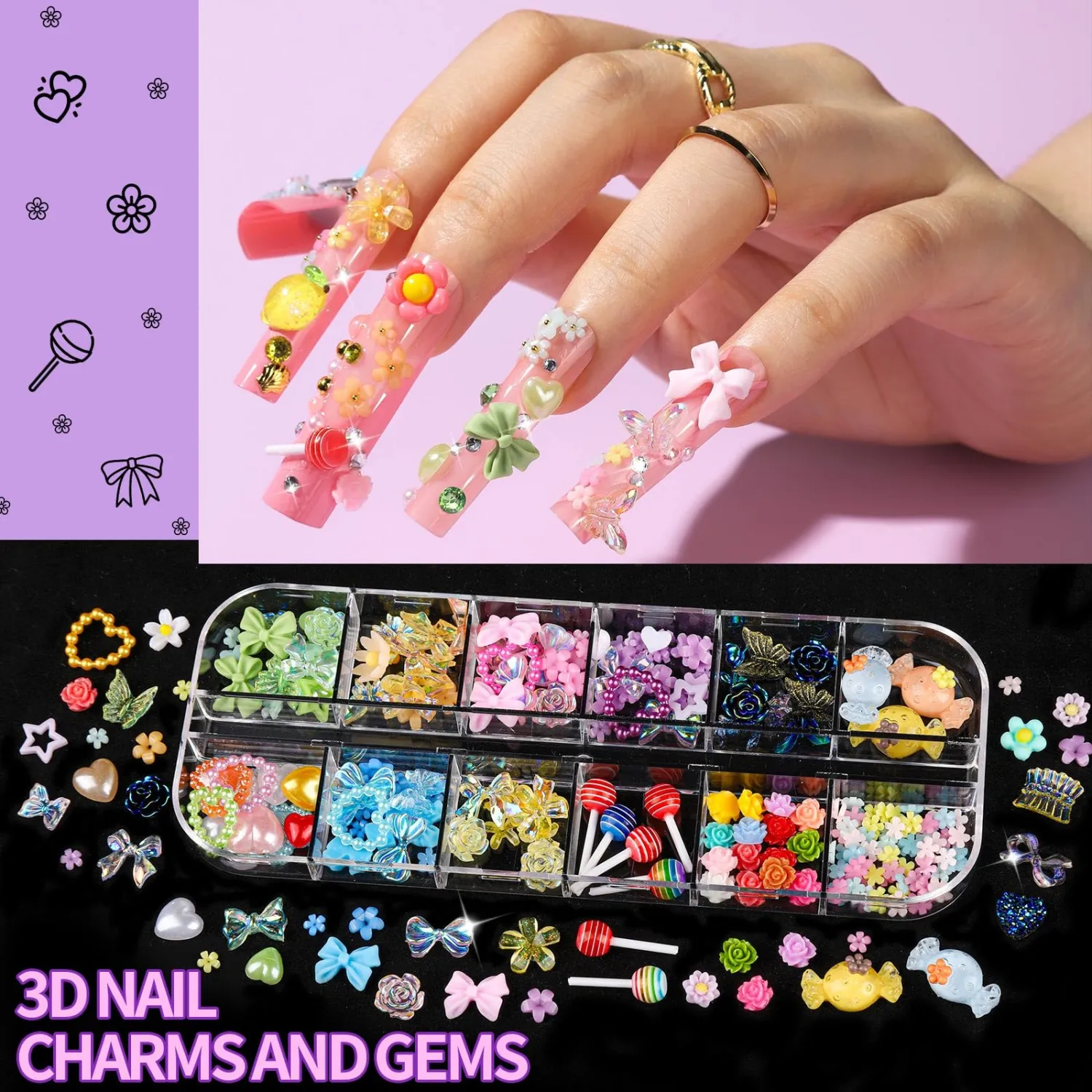 FANDAMEI Nail Charms and Gems, 8 Boxes Nail Art Kit for Design, Multi-Shape Rhinestones for Nails Flat Back Pearls Jewels, 3D Fruit Flower Candy Nail Charms, Gold Nail Studs Jewels