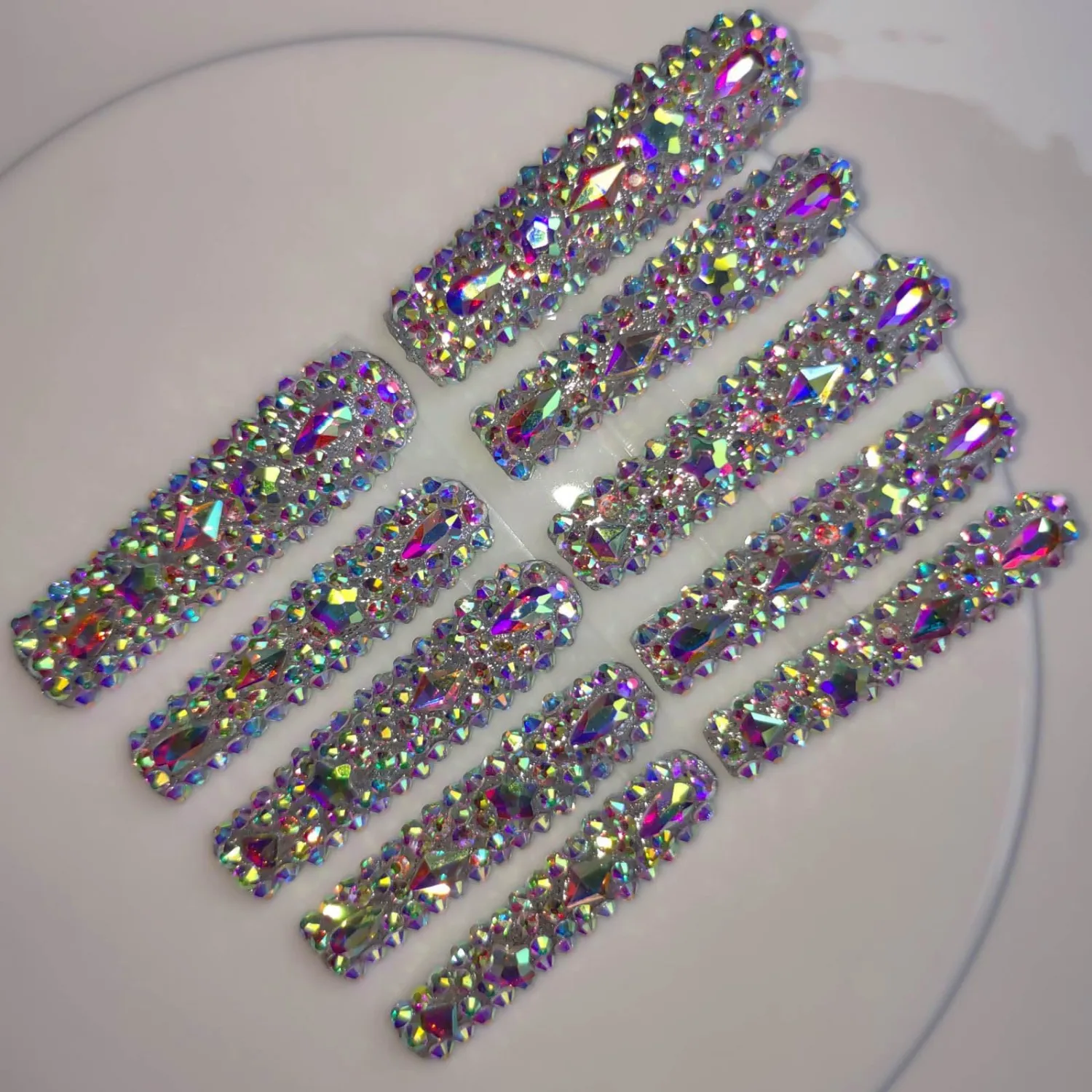 Xxl Press on Nails Extra Long Square Handmade Press-on Nails with Design Rhinestones Press Ons 10pcs M Size Pattern 1104