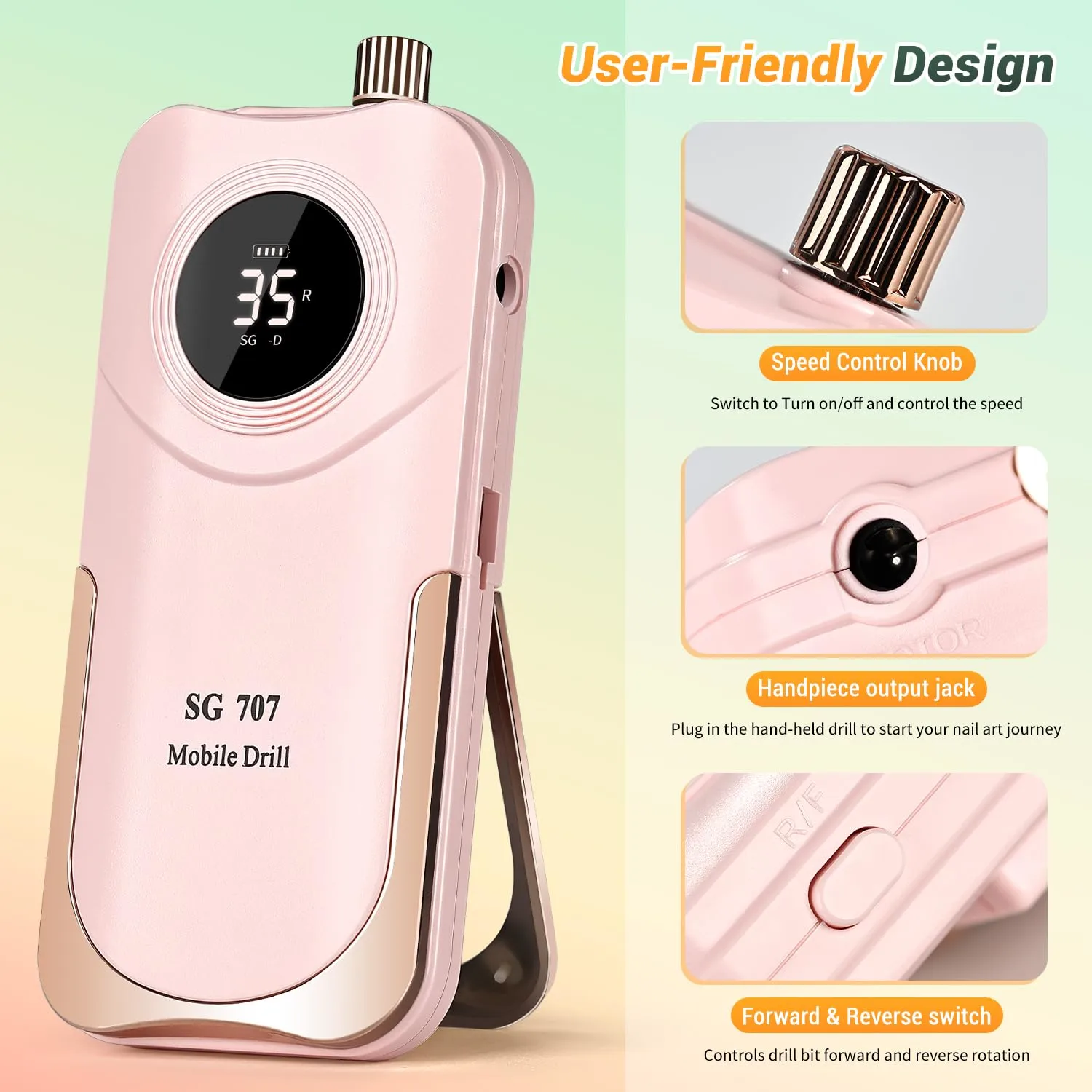 JEWHITENY Professional Rechargeable Nail Drill 35000 RPM, SG707 Electric Nail File with 6 Drill Bits for Acrylic Nails Gel Polishing Removing(Pink)
