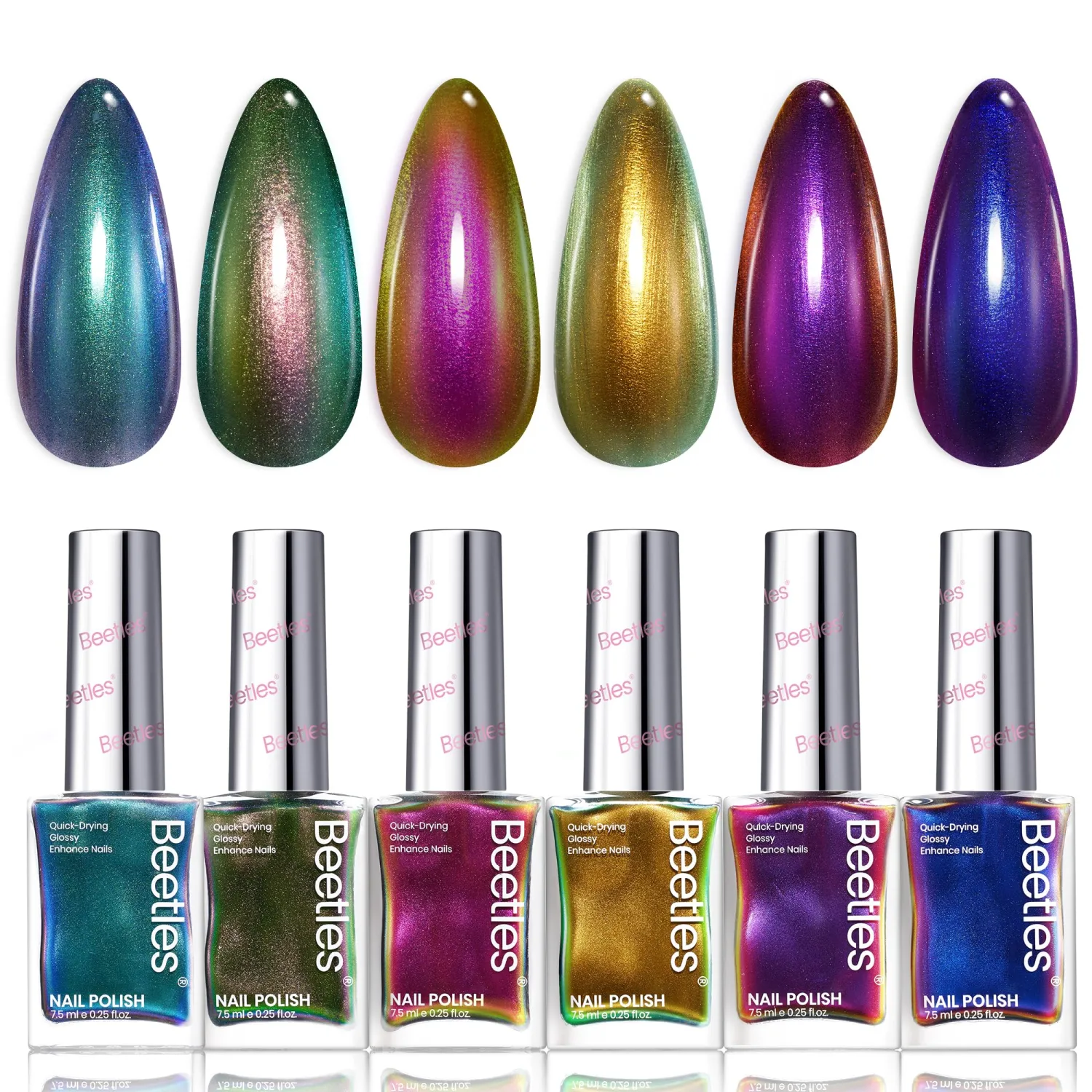 Beetles Chrome Nail Polish Set - Chameleon Holographic Ember 6 Colors Air Quick Fast Dry Metallic Nail Polish Long Lasting DIY Fingernail Art Home Salon Valentines Gifts for Girls Women