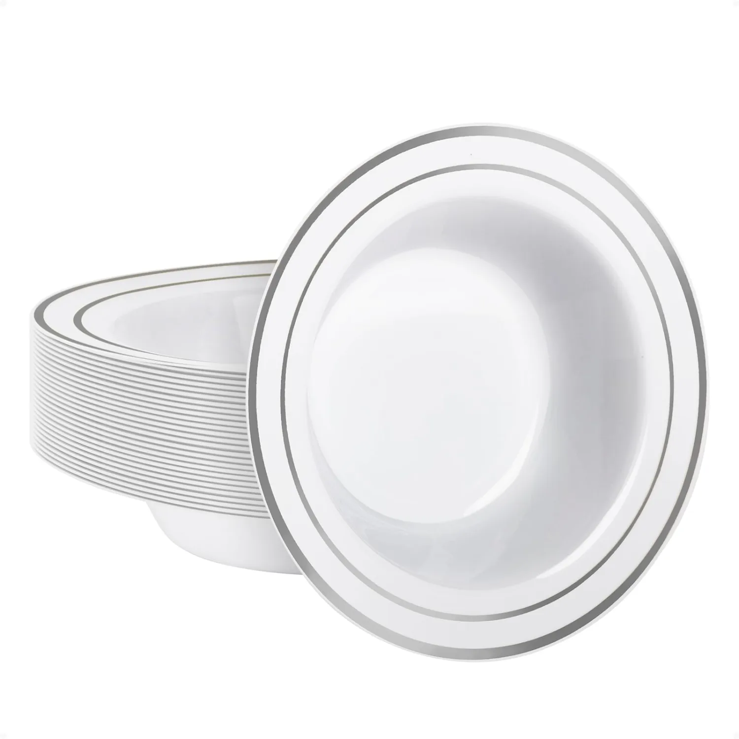Goodluck 25 Pack Plastic Bowls with Silver Rim, 12oz Disposable Soup Bowls for Weddings, Parties, Dinners, Catering, and Everyday Use