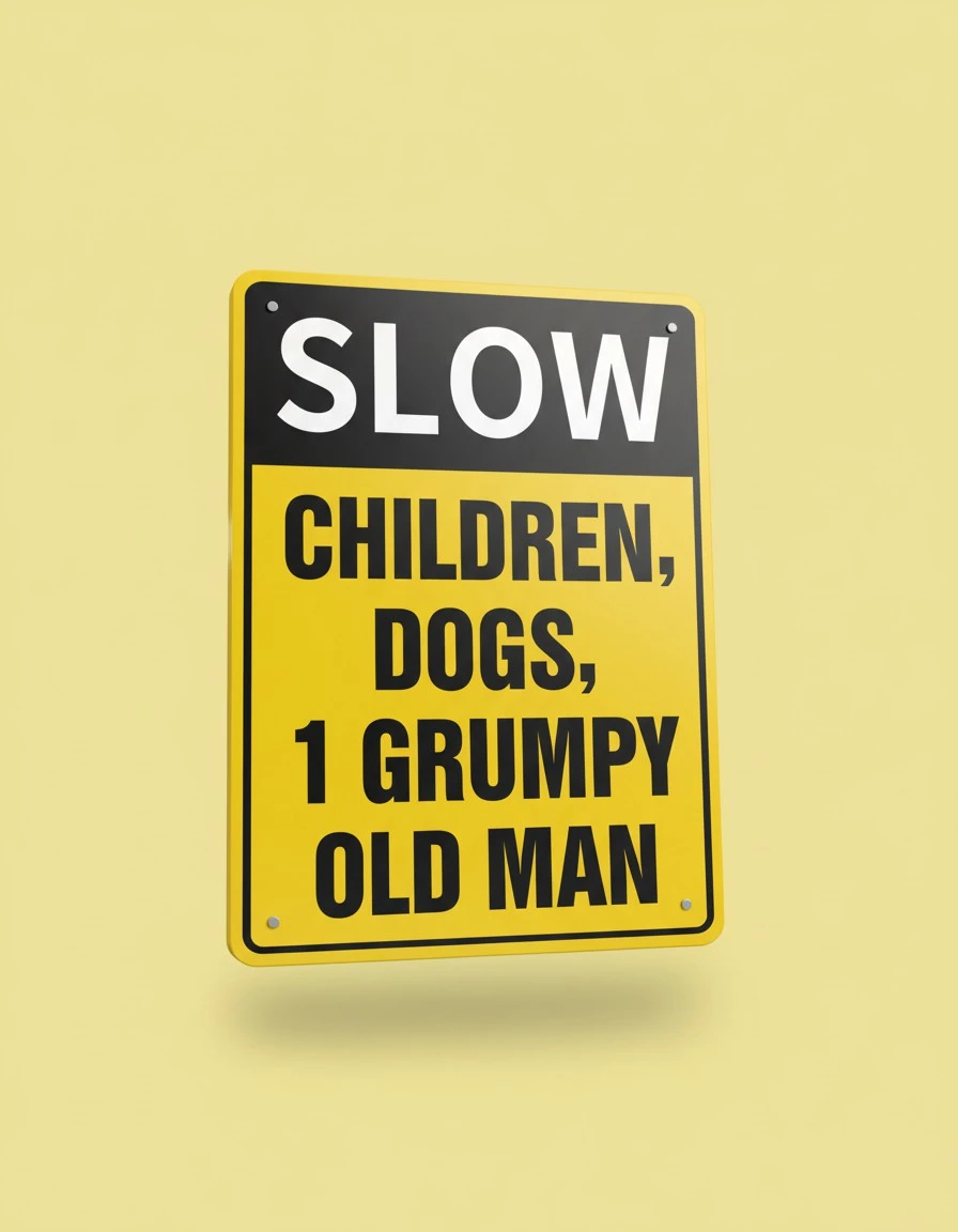 5x8 Inch "Slow - Children, Dogs, 1 Grumpy Old Man" Metal Warning Sign, Traffic Signs, Funny Slow Down Signs for Neighborhood, Aluminum Plaque for Indoor OutdoorGarden Decor