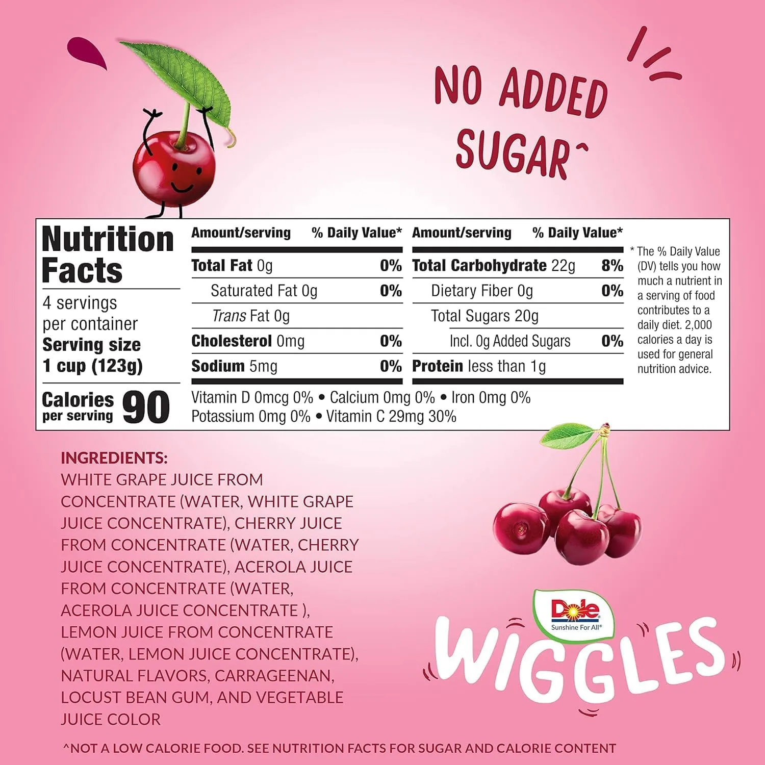 Dole Wiggles No Sugar Added Cherry Fruit Juice Gels Snacks, 4.3oz 4 Total Cups, Gluten & Dairy Free, Bulk Lunch Snacks for Kids & Adults