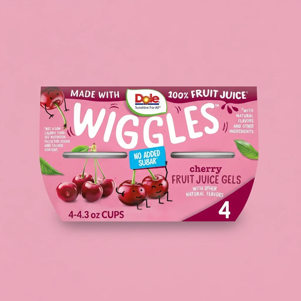 Dole Wiggles No Sugar Added Cherry Fruit Juice Gels Snacks, 4.3oz 4 Total Cups, Gluten & Dairy Free, Bulk Lunch Snacks for Kids & Adults
