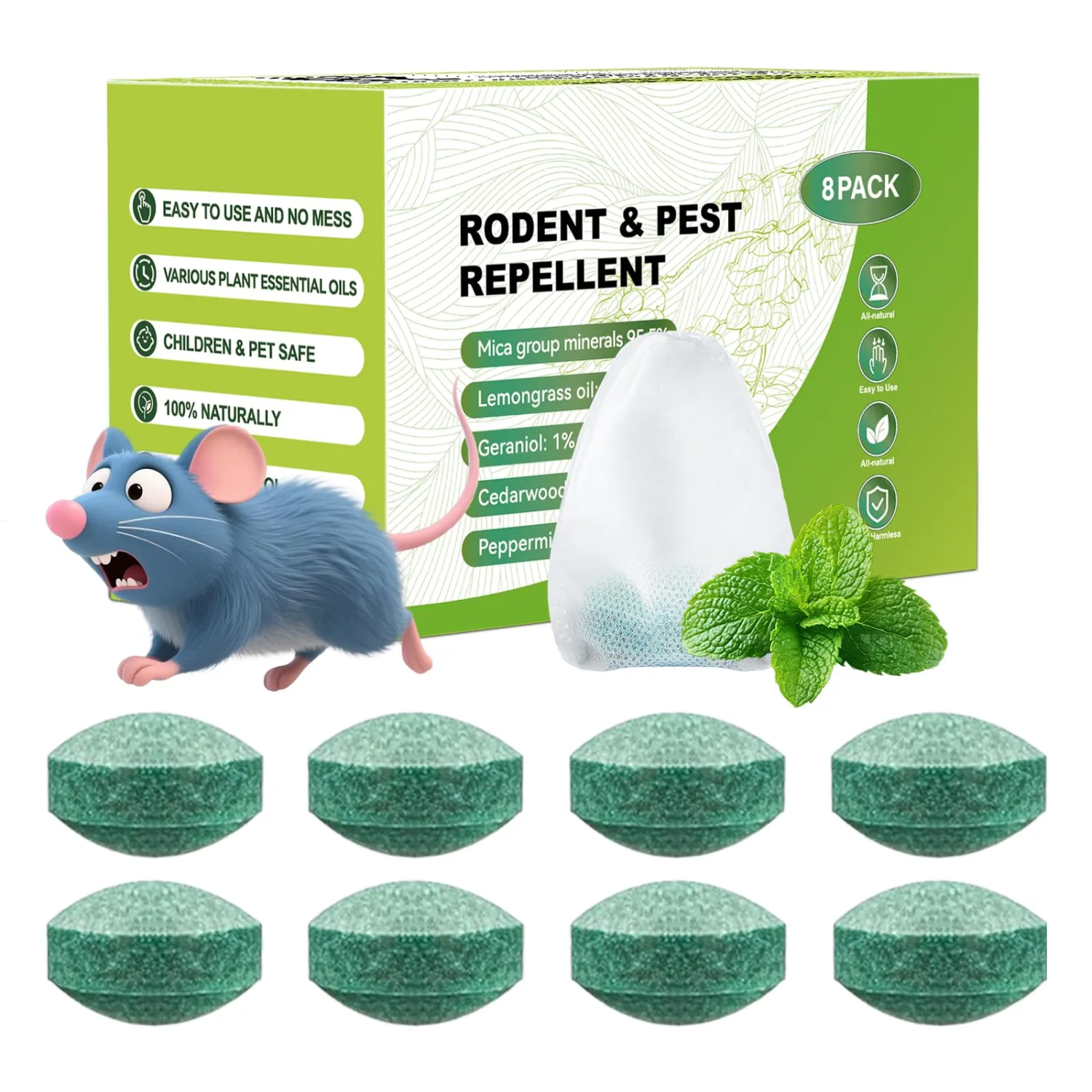 Pest Rodent Repellent, 28 Pack Peppermint Oil for Mouse, Rats, Spider, Roach, Ant, Bugs, Squirrel, Natural Deterrent Family & Pet Safe Keep Rodents Away from Garden & Home (8, 8 Pack)