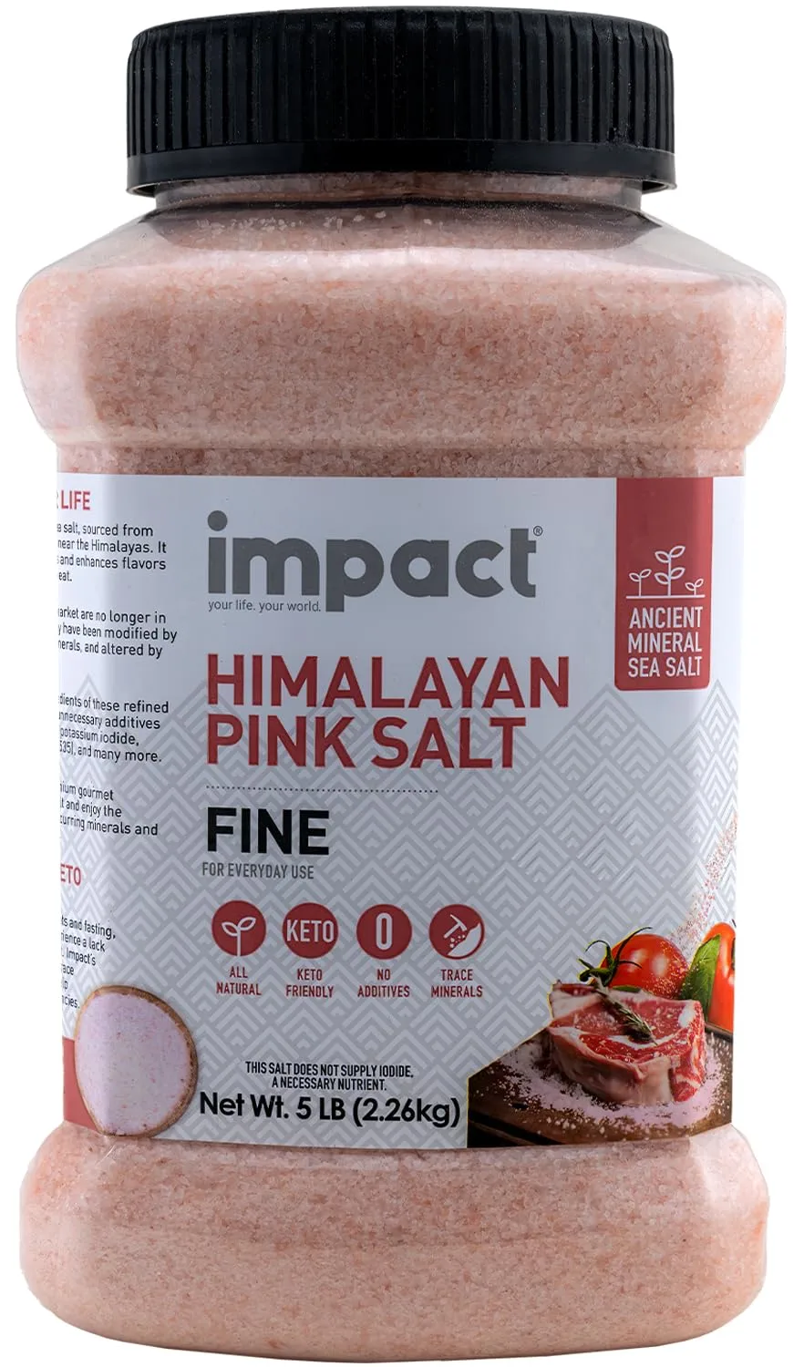 Impact - Fine Himalayan Pink Sea Salt - No Additives Rich in Trace Minerals Non-GMO Gluten-Free Ideal for Low-Carb Fasting Cooking - 5lb Jar