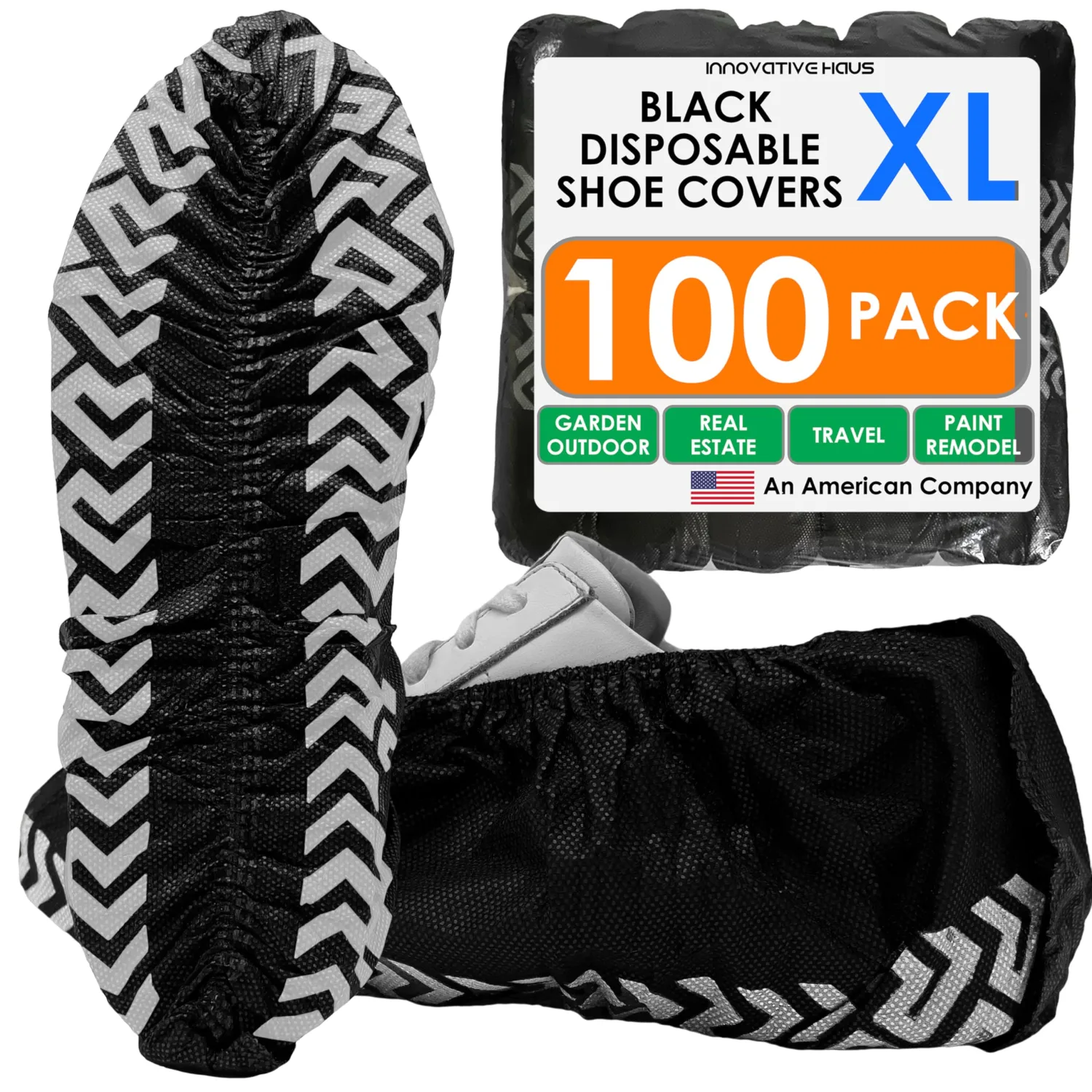 Innovative Haus 100 Pack (50 Pairs) Black Extra Large Disposable Boot and Shoe Covers Disposable - Indoors Reusable Booties for Shoes Covers - Non Slip Treads - Fits US Men's 14 and Women's 16