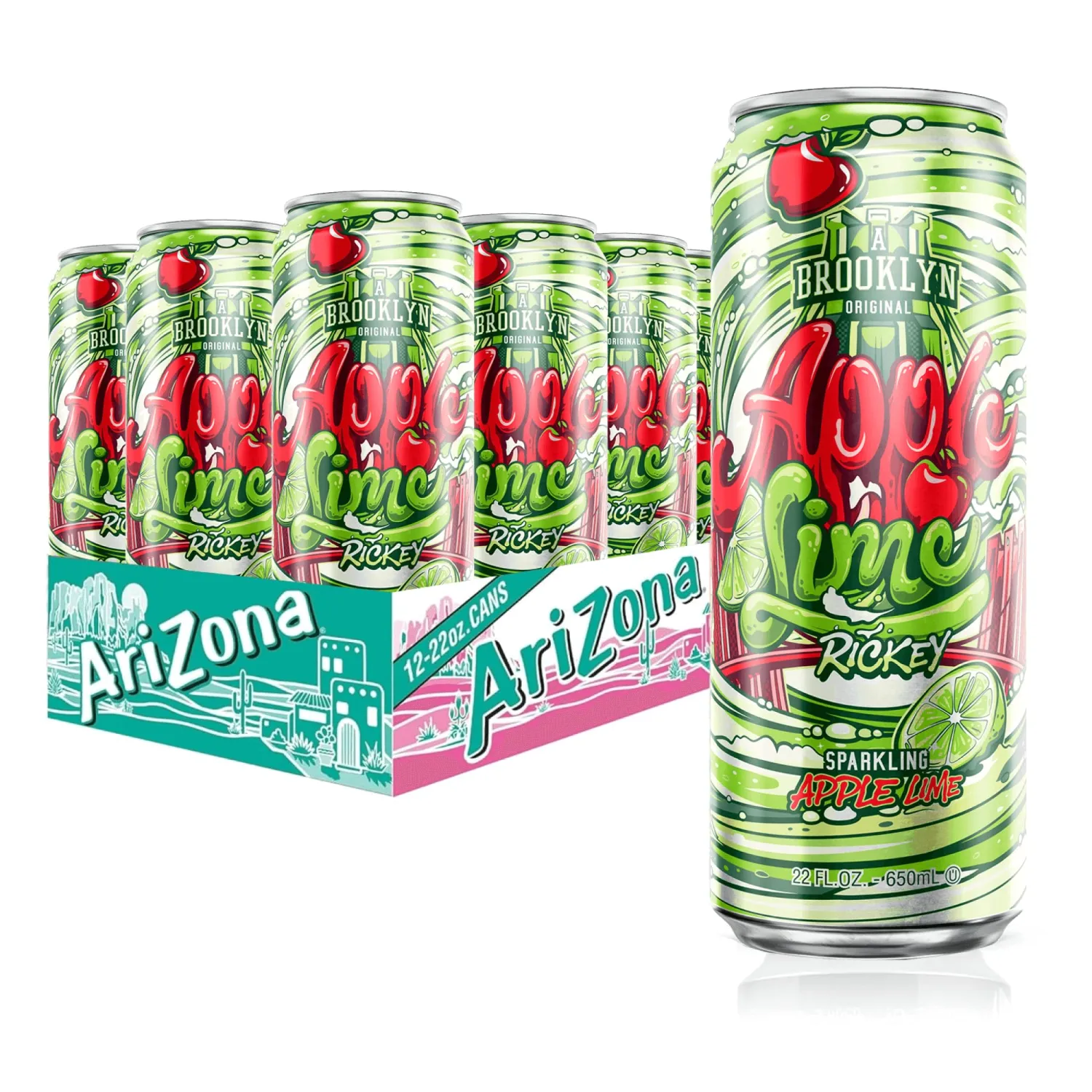AriZona Apple Lime Rickey Soda, A Brooklyn Original Sparkling Drink - Big Can, 22 Fl Oz (Pack of 12)
