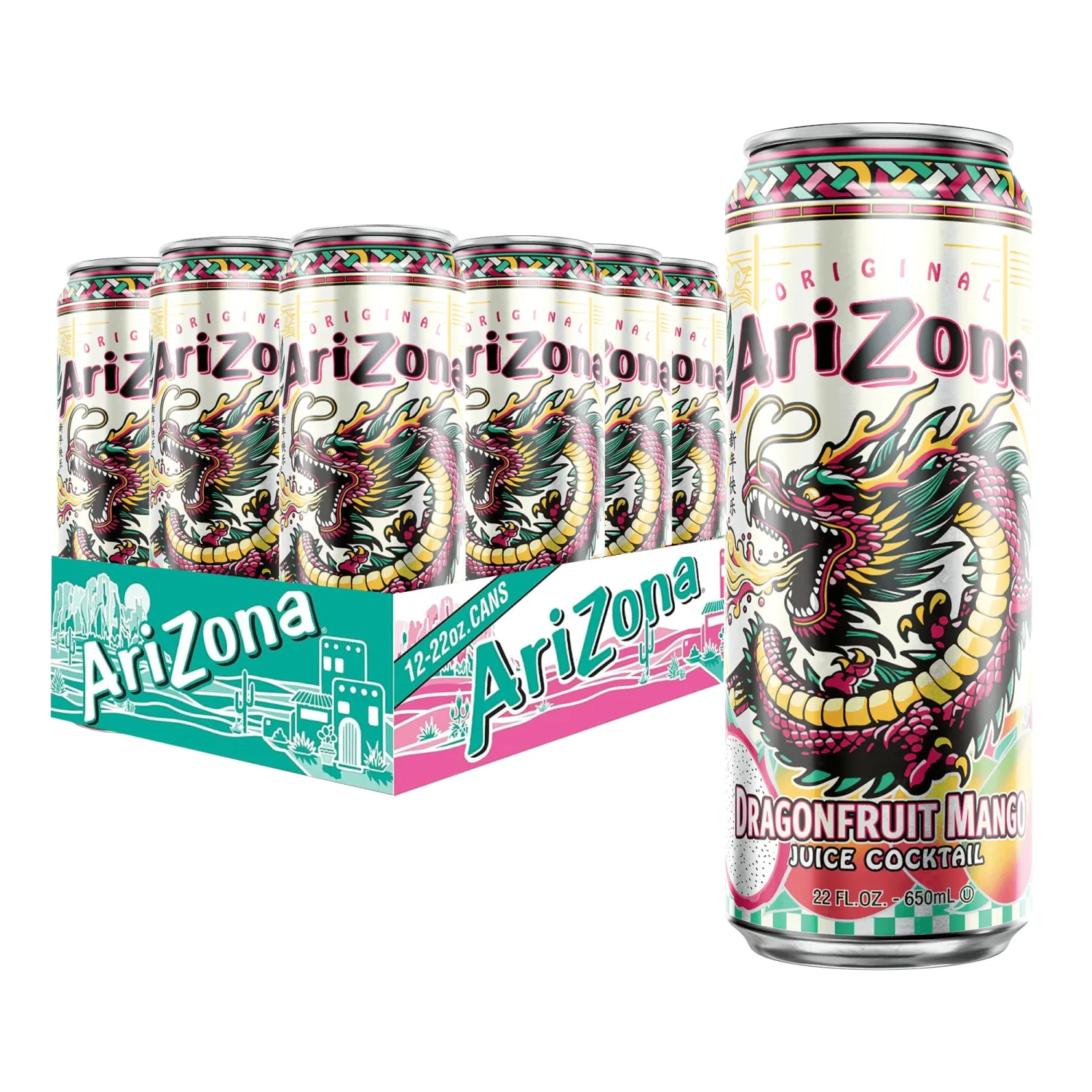AriZona Dragon Fruit Mango, Fruit Juice Drink - Big Can, 22 Fl Oz (Pack of 12)