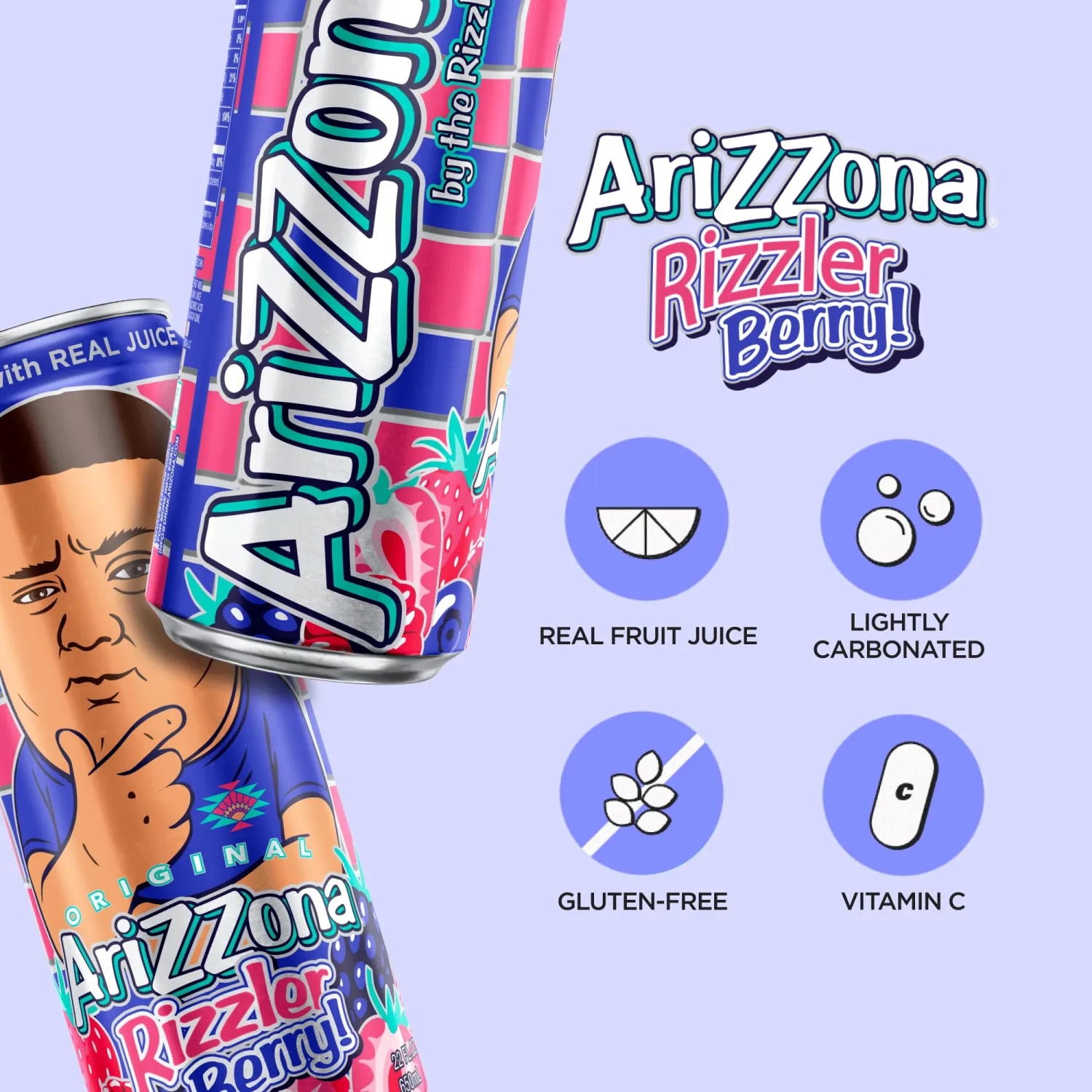 AriZona Rizzler Berry, Fruit Juice Soda Drink, Lightly Carbonated - Big Can, 22 Fl Oz (Pack of 12)