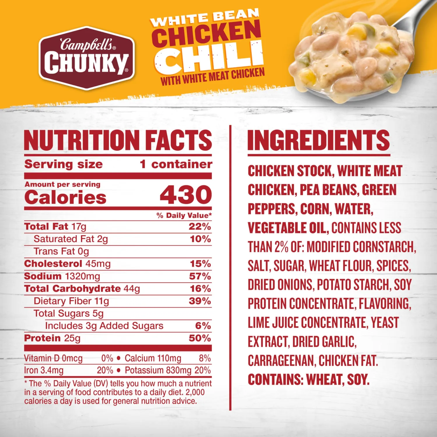 Campbell’s Chunky White Bean Chicken Chili, 15.25 oz Bowl (Pack of 2)
