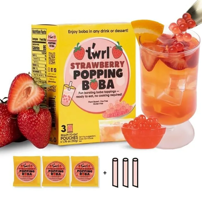 Twrl Strawberry Popping Boba for Bubble Tea - Cafe Style Bursting Juice-Filled Pearl Toppings at Home, Instant, Plant-Based, Gluten-Free, Dye-Free, No High Fructose Corn Syrup - 3 Single Servings and 3 Boba Straws