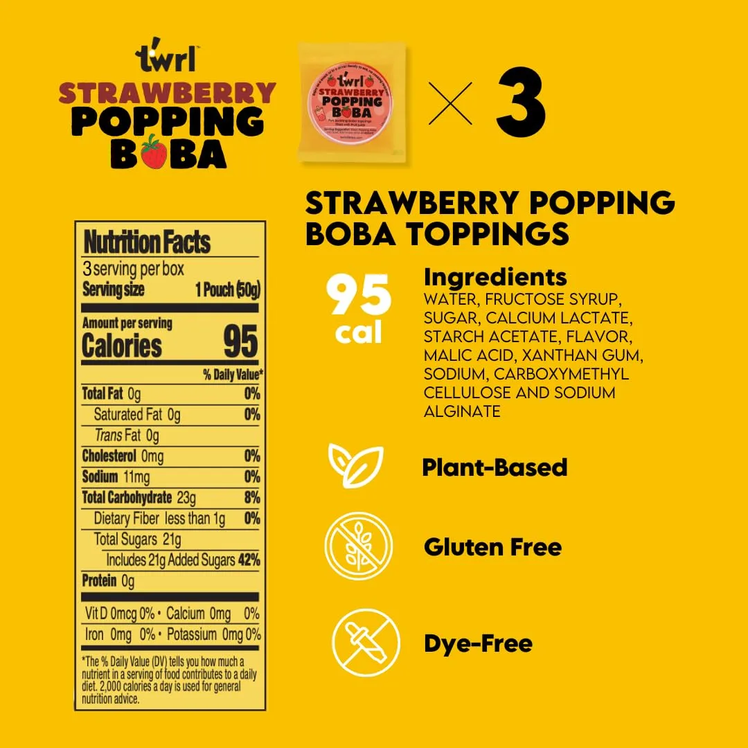 Twrl Strawberry Popping Boba for Bubble Tea - Cafe Style Bursting Juice-Filled Pearl Toppings at Home, Instant, Plant-Based, Gluten-Free, Dye-Free, No High Fructose Corn Syrup - 3 Single Servings and 3 Boba Straws