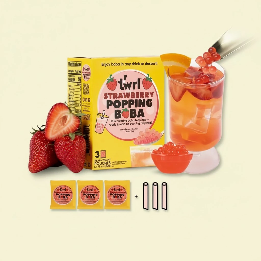 Twrl Strawberry Popping Boba for Bubble Tea - Cafe Style Bursting Juice-Filled Pearl Toppings at Home, Instant, Plant-Based, Gluten-Free, Dye-Free, No High Fructose Corn Syrup - 3 Single Servings and 3 Boba Straws