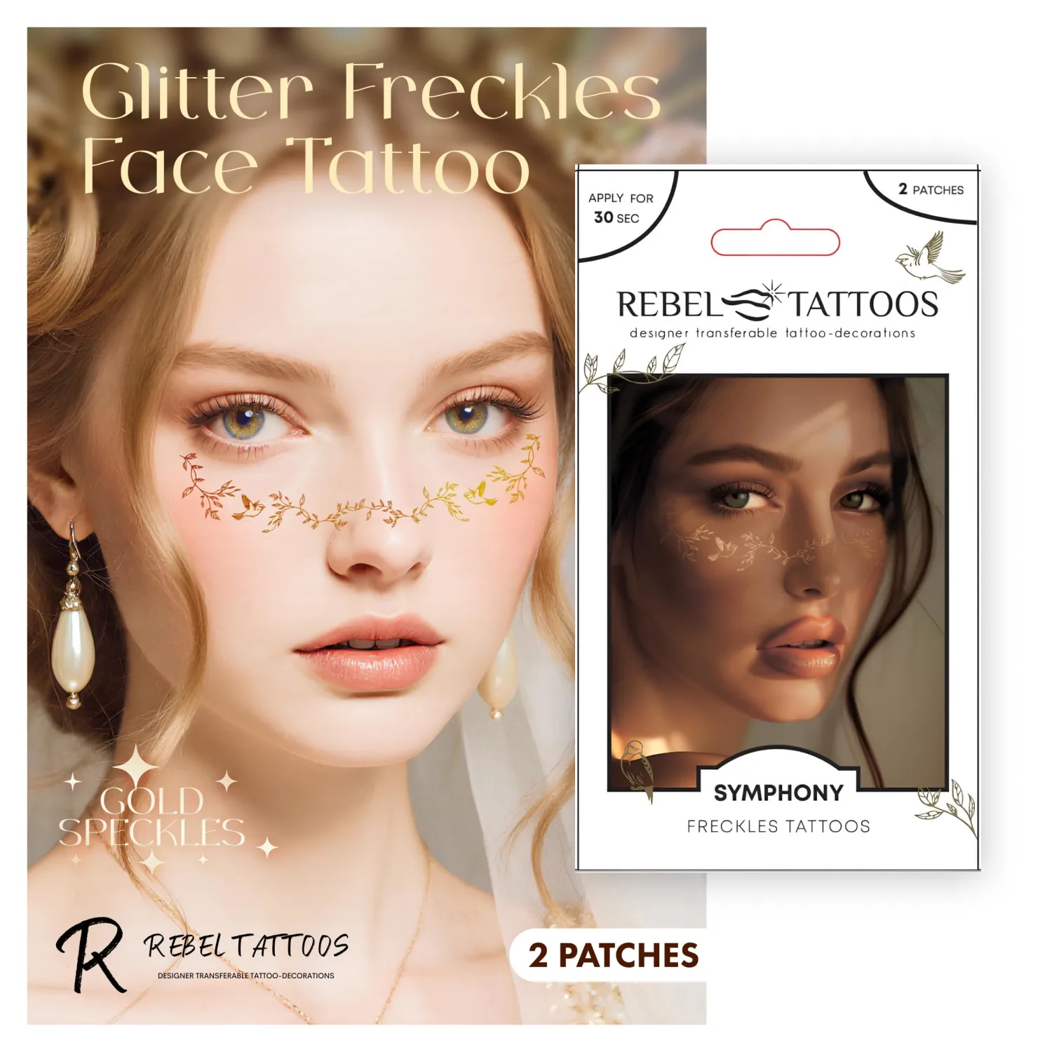 -Temporary Tattoo Fake Transferable Tattoo Freckles - Temporary Face Tattoo Set for Party - Choachella party decoration-2 patches in 1 envelope Gold Symphony
