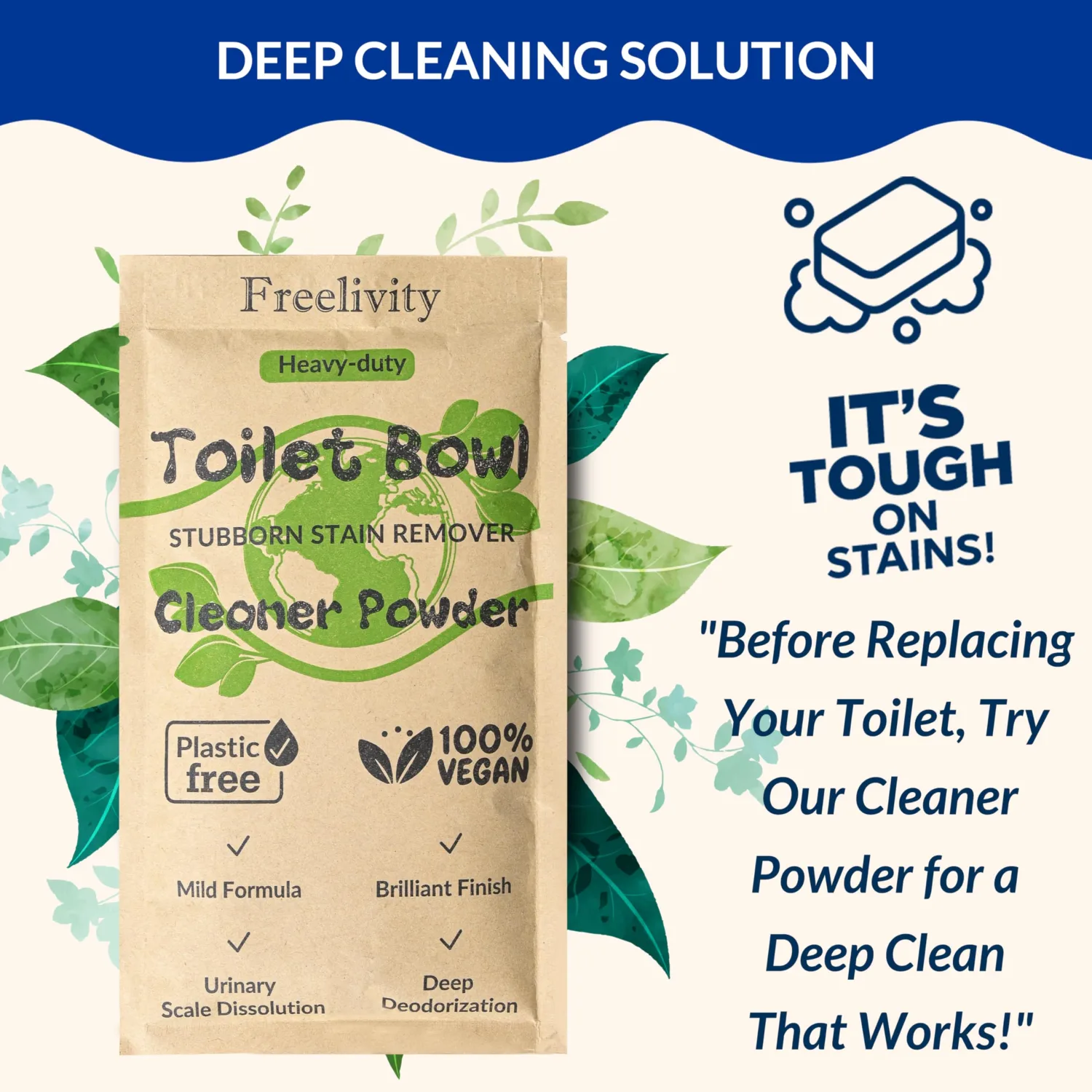 Freelivity Heavy Duty Toilet Bowl Cleaner Powder - Cleans Hard Water Rings, Calcium Buildup & Stains - 2 Treatments - Plastic-Free, 1 Pack