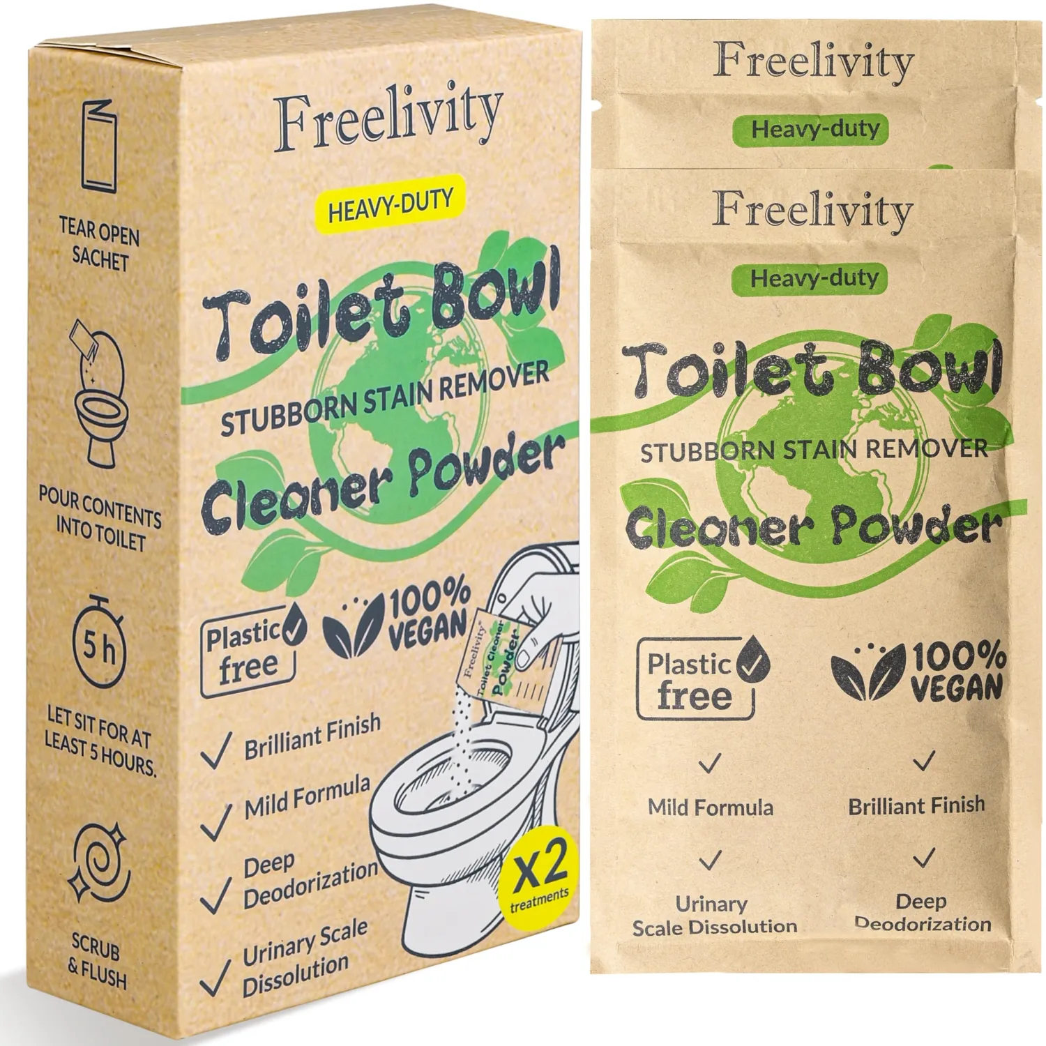 Freelivity Heavy Duty Toilet Bowl Cleaner Powder - Cleans Hard Water Rings, Calcium Buildup & Stains - 2 Treatments - Plastic-Free, 1 Pack