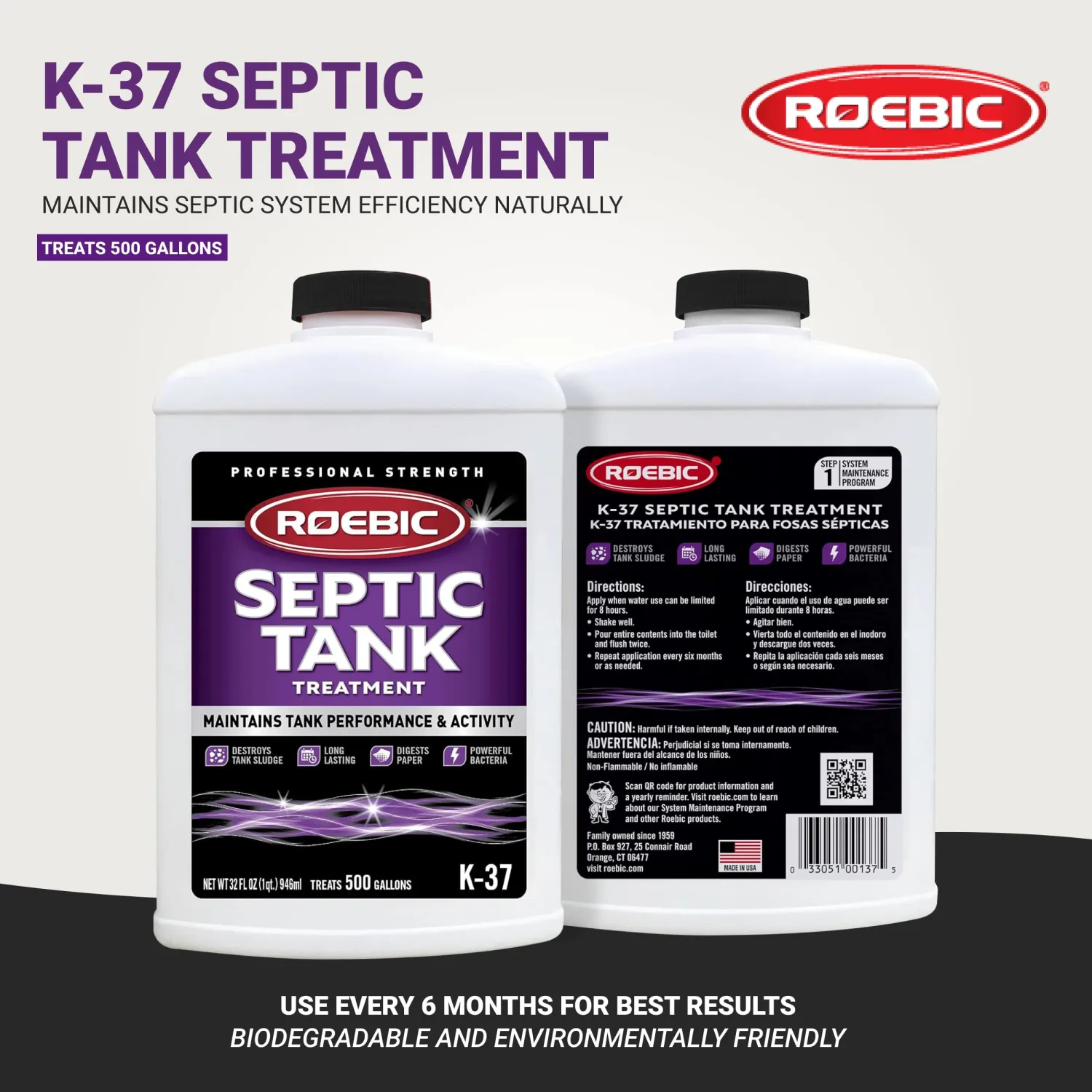Roebic K-37-Q Septic Tank Treatment: Removes Clogs, Environmentally Friendly Bacteria Enzymes, Safe for Toilets, 32 Fl Oz - Lasts 1 Year, 32 Ounces