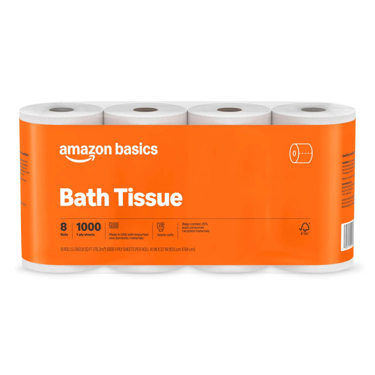 Amazon Basics 1000 Sheet 1-Ply Bath Tissue, 8 Rolls