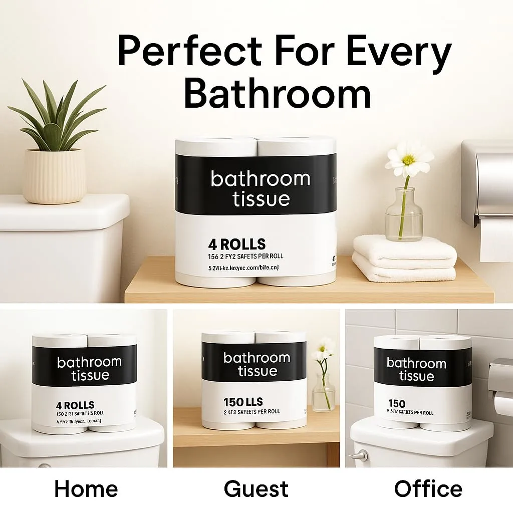 Toilet Paper, 4 Rolls with 150 2-Ply Sheets Each, Bathroom Tissue for Home, Office, Travel, Guest Spaces, Restrooms, and Everyday Household Use