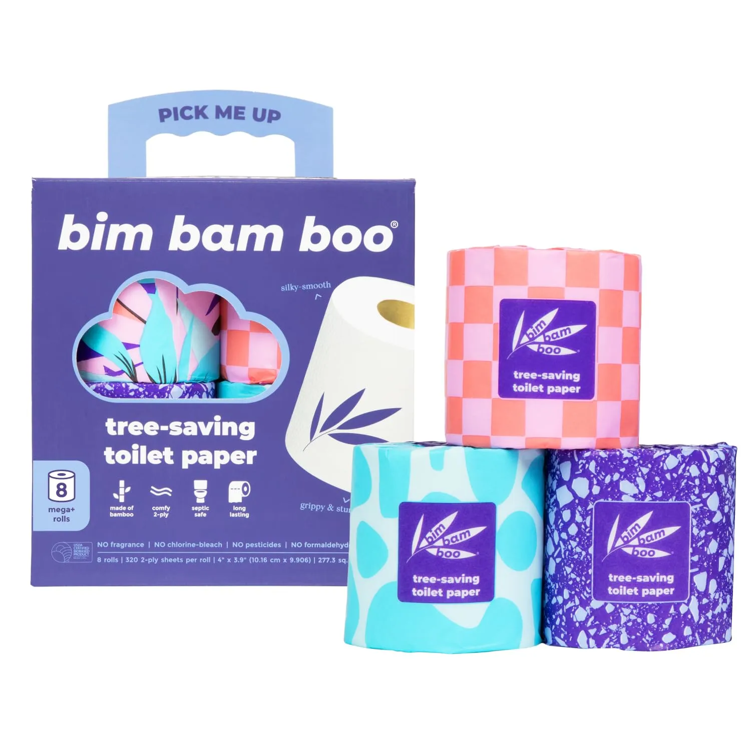 Bim Bam Boo Bamboo Toilet Paper 2 Ply - Sustainable Toilet Tissue - 8 Double Rolls, 320 Sheets Per Roll - Septic Safe - Plastic Free