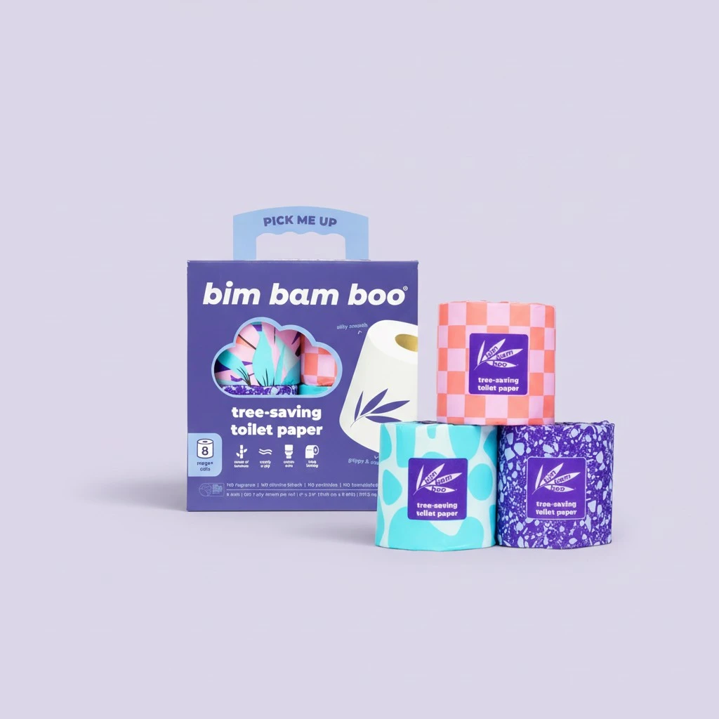 Bim Bam Boo Bamboo Toilet Paper 2 Ply - Sustainable Toilet Tissue - 8 Double Rolls, 320 Sheets Per Roll - Septic Safe - Plastic Free