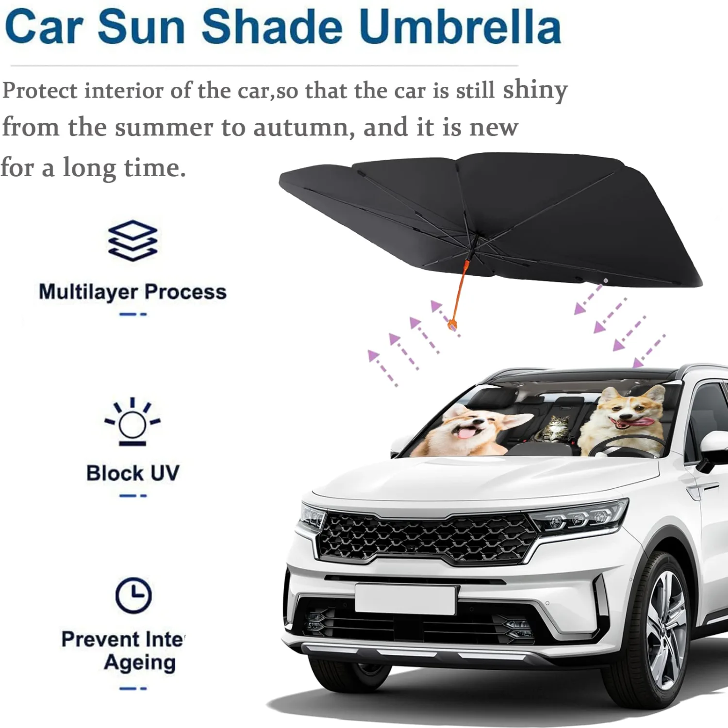 Socira Pet Dog Cat Custom Windshield Sun Shade Umbrella Foldable Personalized Car Visor Umbrella Customized Sun Shade Cover Sunshade Front Window Cover Car Accessories 57" X 30"