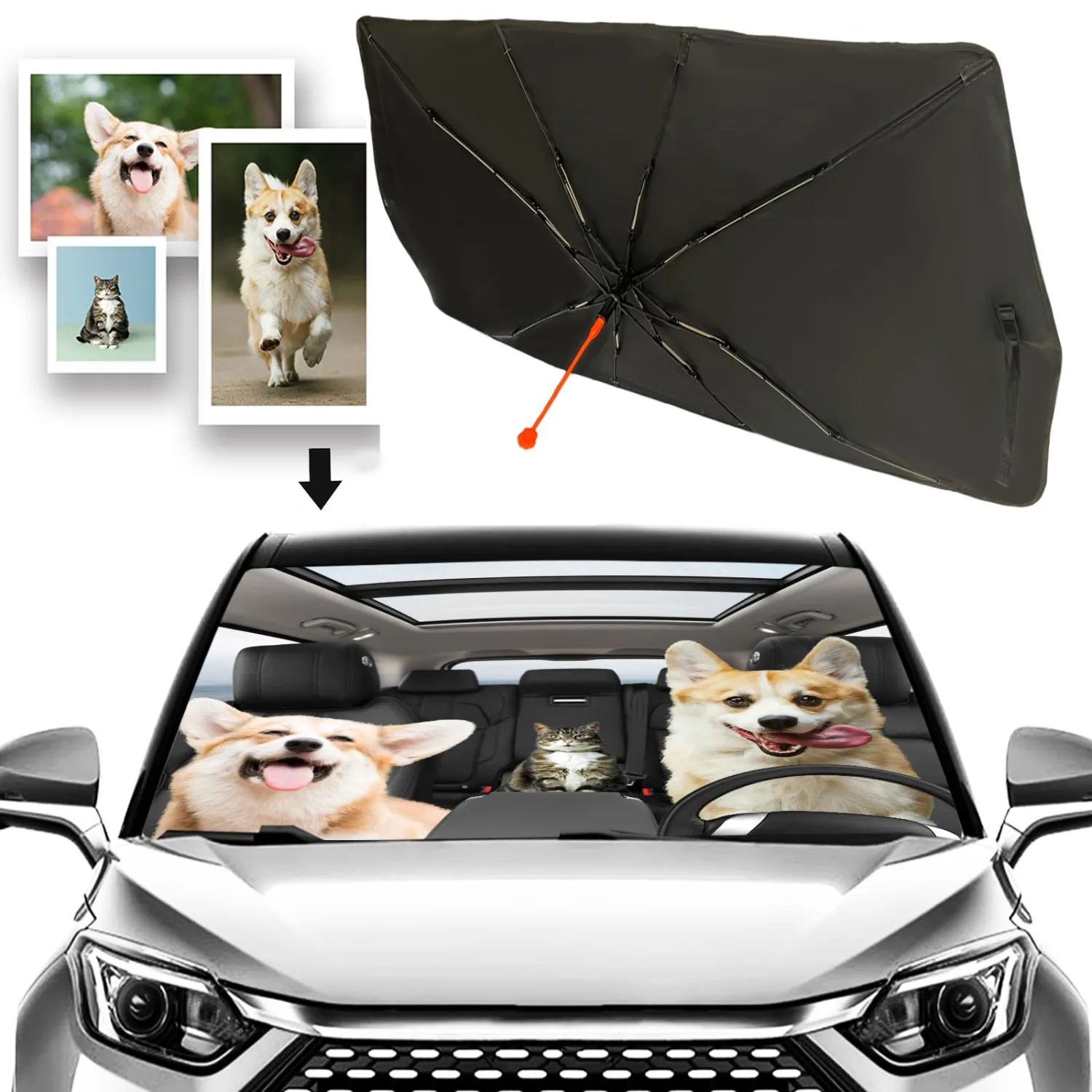 Socira Pet Dog Cat Custom Windshield Sun Shade Umbrella Foldable Personalized Car Visor Umbrella Customized Sun Shade Cover Sunshade Front Window Cover Car Accessories 57" X 30"