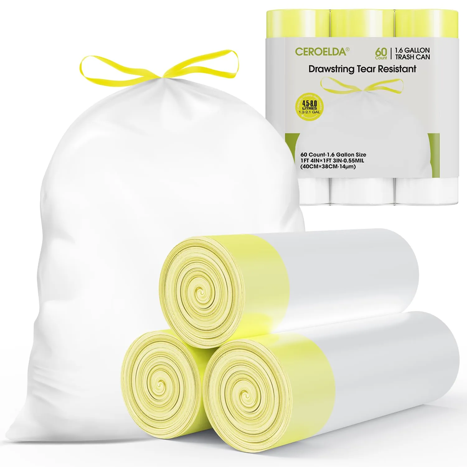 CEROELDA 1.6 Gallon Small Trash Bags, 60 Count Mini Drawstring Garbage Bags Unscented fit 4.5-8 Liter, 1.2-2 Gallon Thick Plastic Wastebasket Liners for Bathroom Bedroom Office Toilet