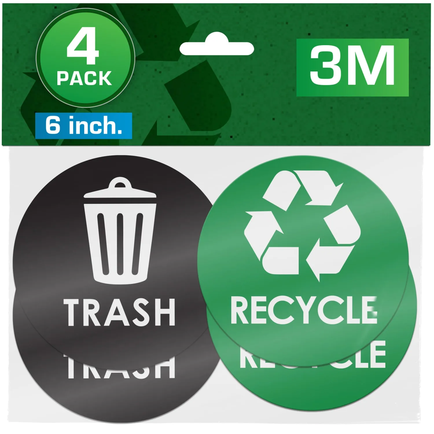 Recycle Stickers for Trash Bins - 6"x6" Round Decals, 4 Pack Set - Recycling Sticker for Trash Can - UV-Resistant Waste Management for Indoor, Outdoor, Kitchen, Office, and Public Spaces