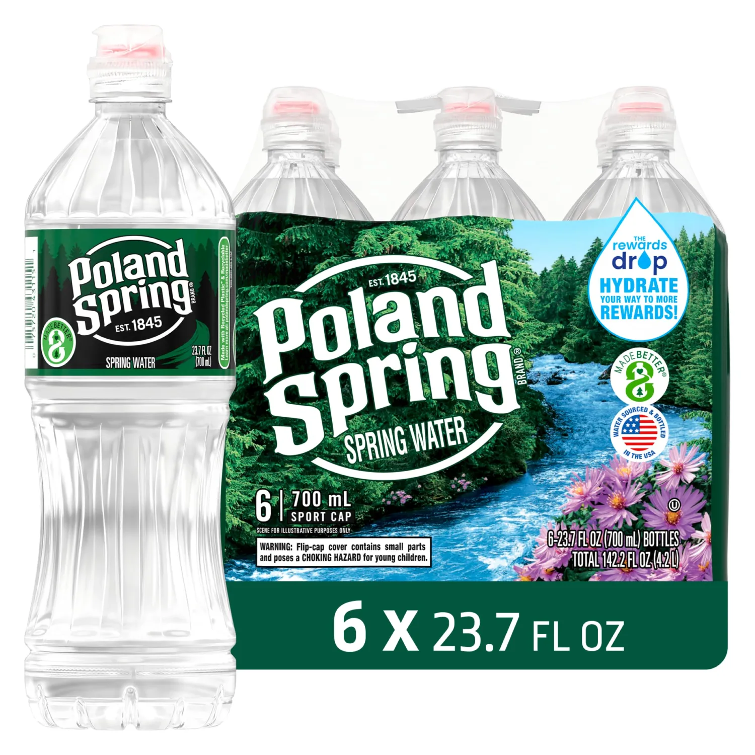 Poland Spring Maine Spring Water Bottles with Sport Flip Cap, 6-Pack - Still Bottled Water with Naturally Occurring Minerals for Taste - 23.7 Fl Oz Bottles