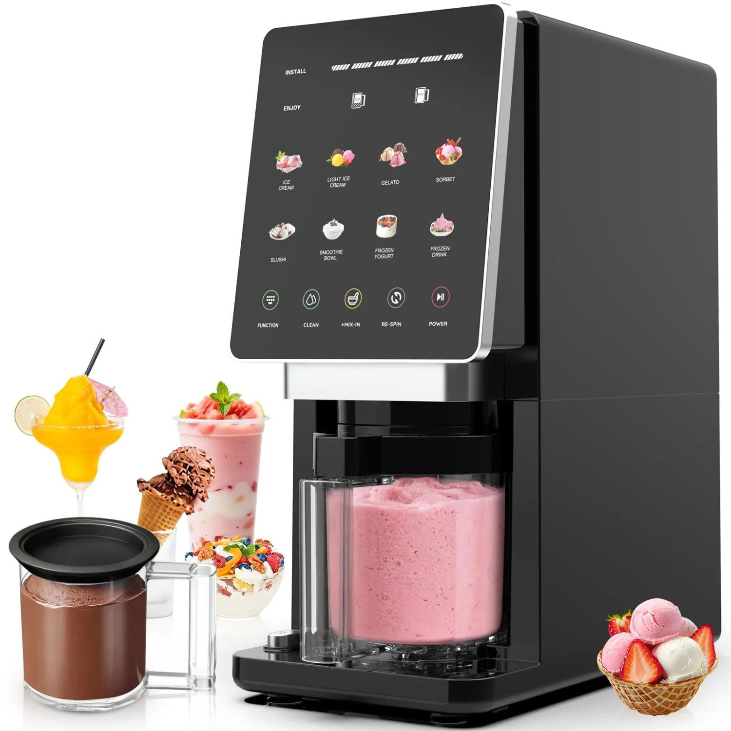 Ice Cream Maker,10-in-1 Frozen Treat Maker for Ice Cream,Gelato,Sorbet,Slushie,Frozen Yogurt and More,Compact Size,Perfect for Family,Kids,Party,Includes 1 Pint Container with Lid,Black