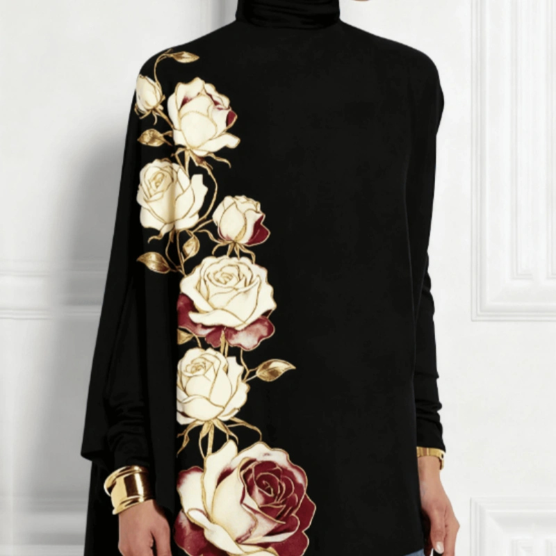 Turtleneck Top With Gold Rose Print, Asymmetric Hem