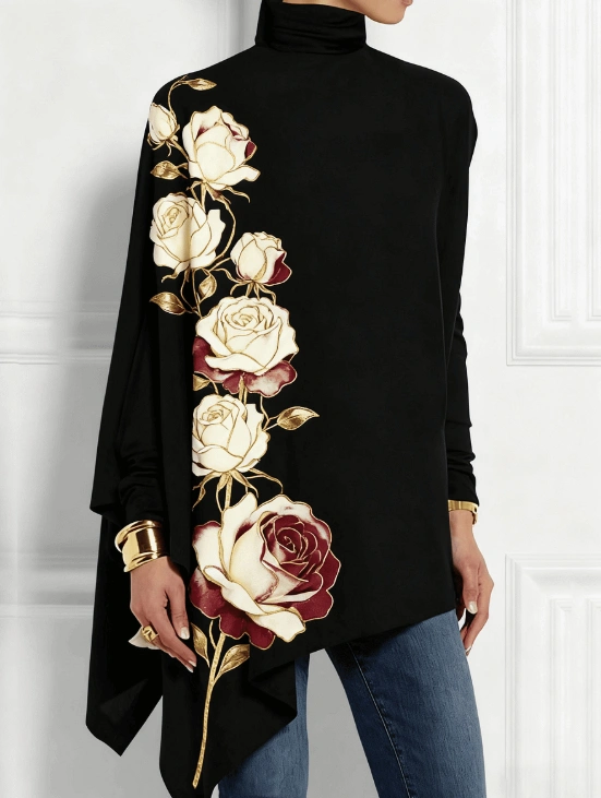 Turtleneck Top With Gold Rose Print, Asymmetric Hem