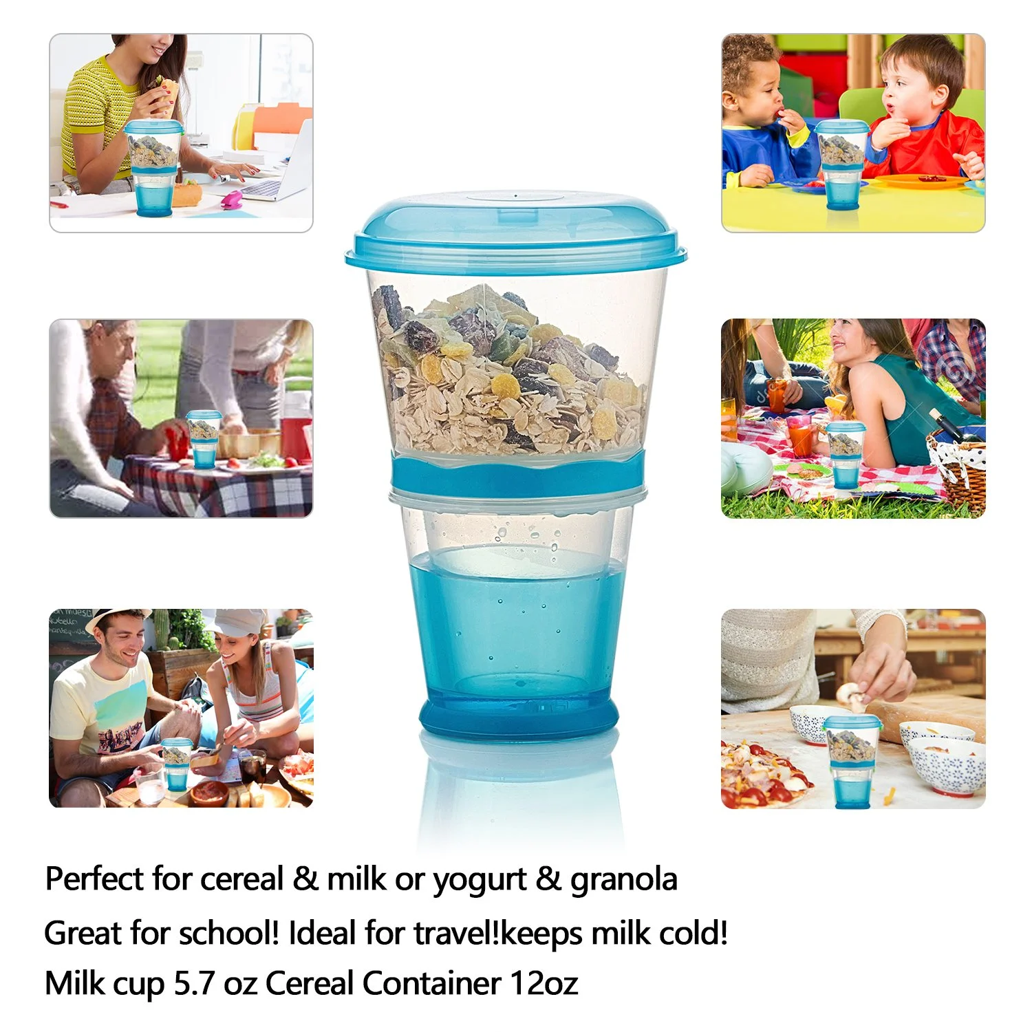 Cereal On the Go Cups Breakfast Drink Cups Portable Yogurt and Cereal To-Go Container Cup (Blue)