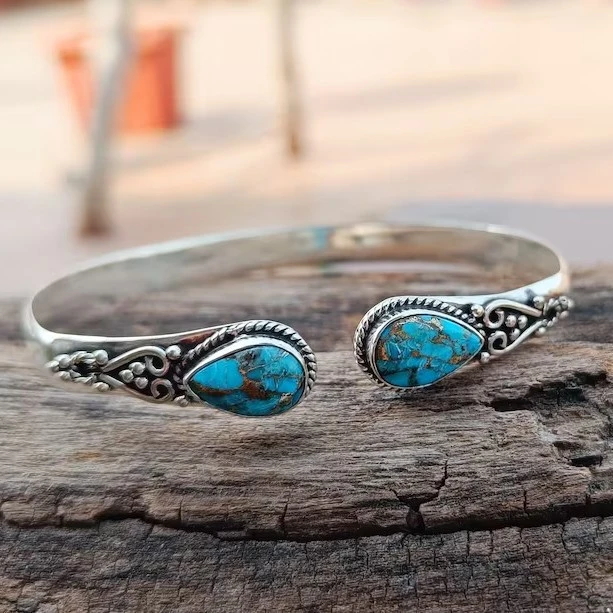 Bohemian Style Natural Turquoise Open-ended Bracelet Vintage Pattern Female