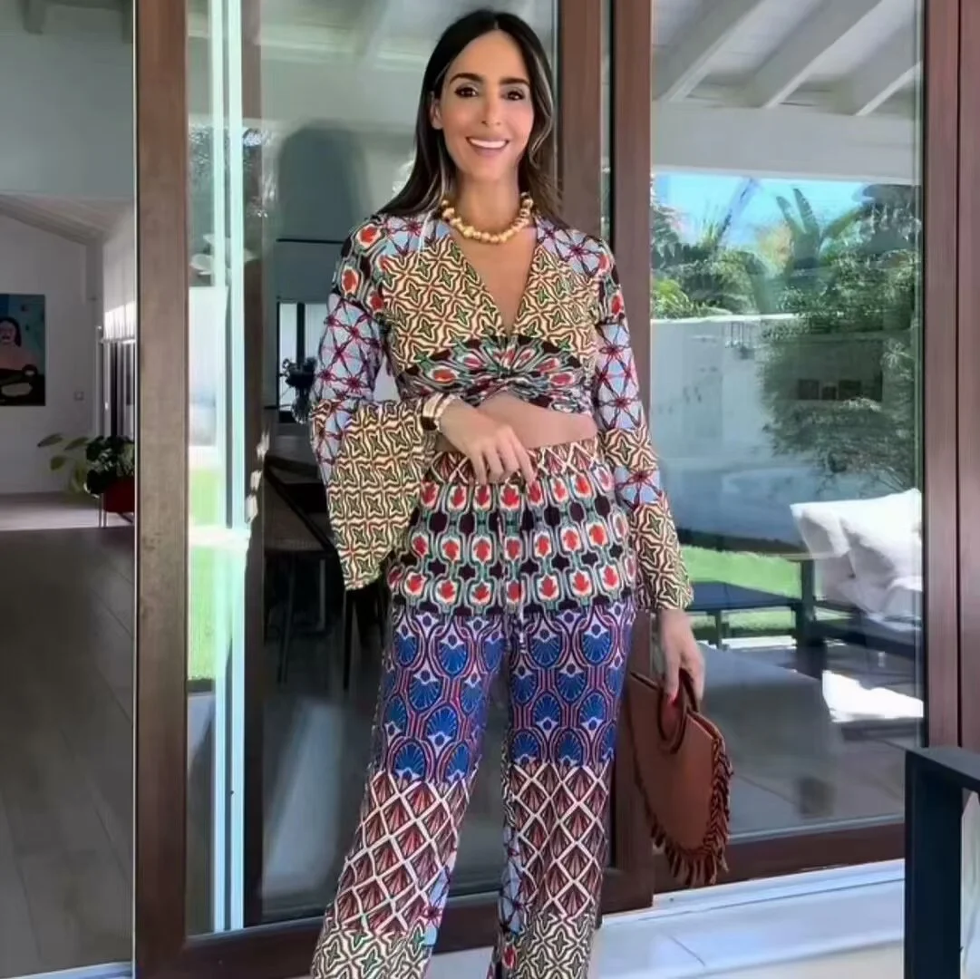 Women's Fashion Knot Print Top Wide-leg Pants